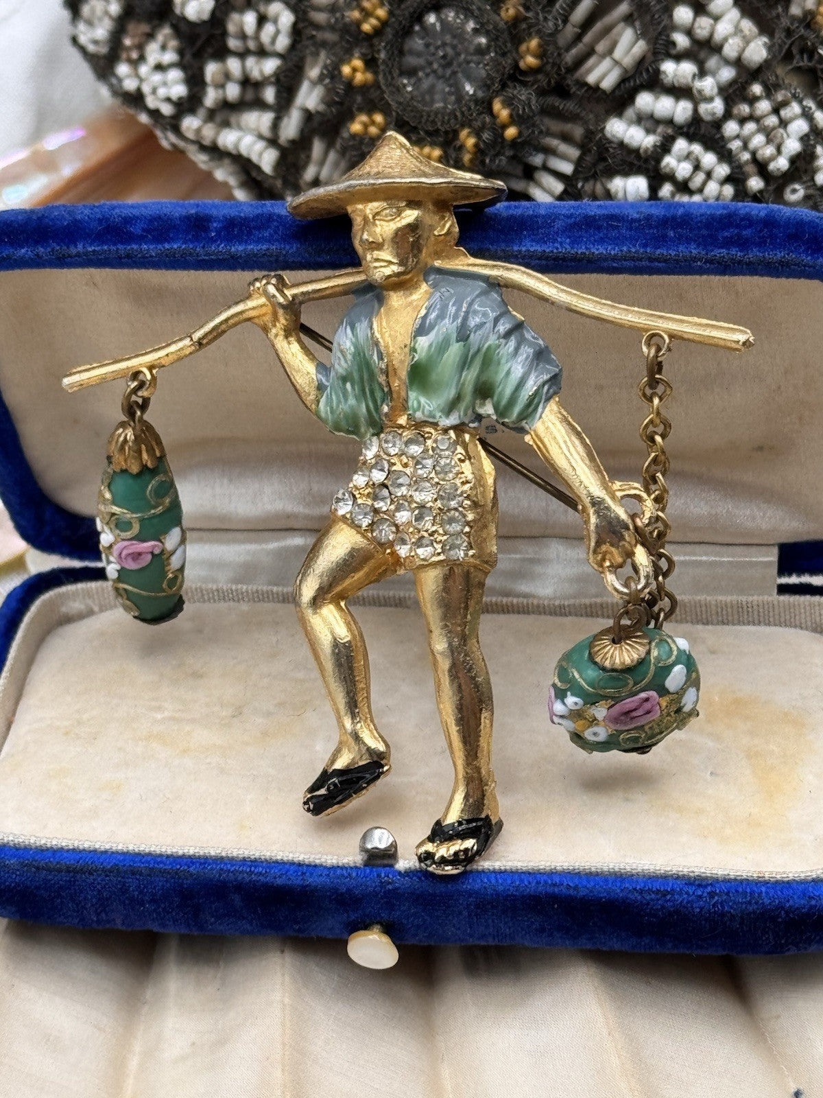 Goldtone Asian Water Boy Glass Dangle Beads Brooch Pin Unsigned