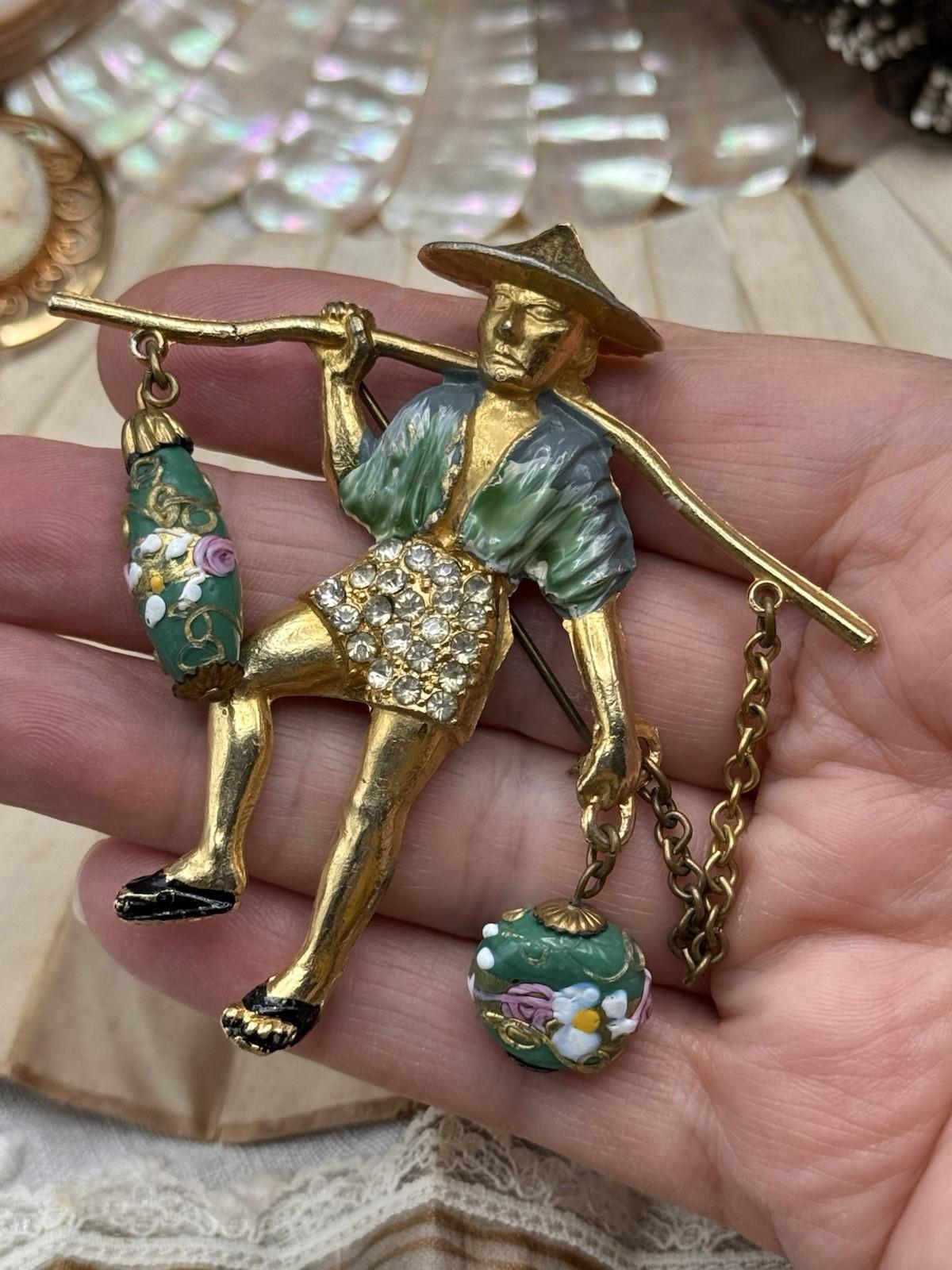 Goldtone Asian Water Boy Glass Dangle Beads Brooch Pin Unsigned