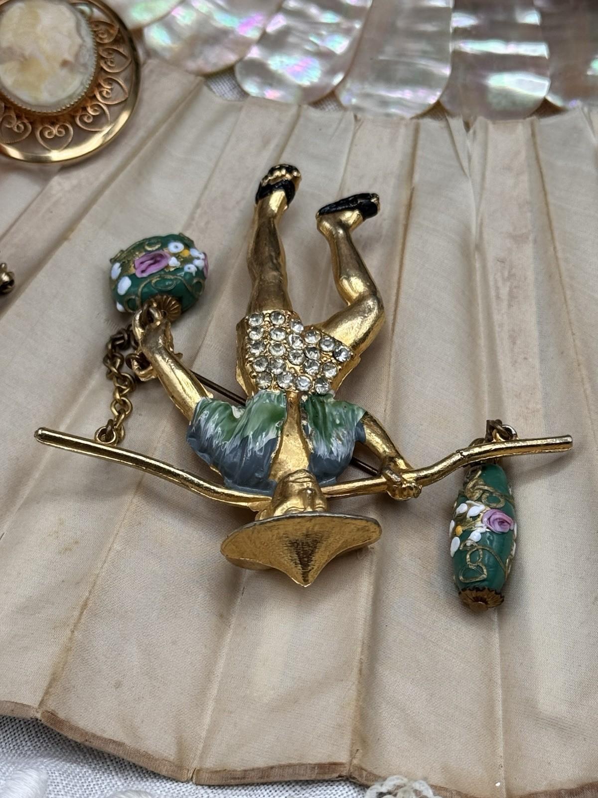 Goldtone Asian Water Boy Glass Dangle Beads Brooch Pin Unsigned