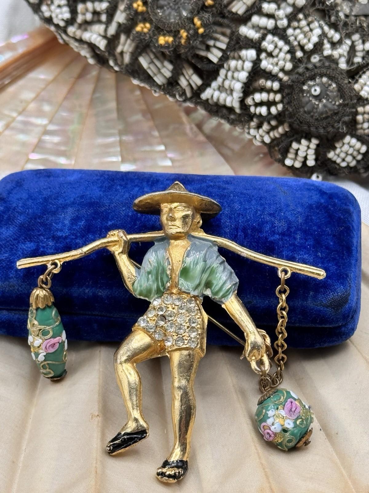 Goldtone Asian Water Boy Glass Dangle Beads Brooch Pin Unsigned