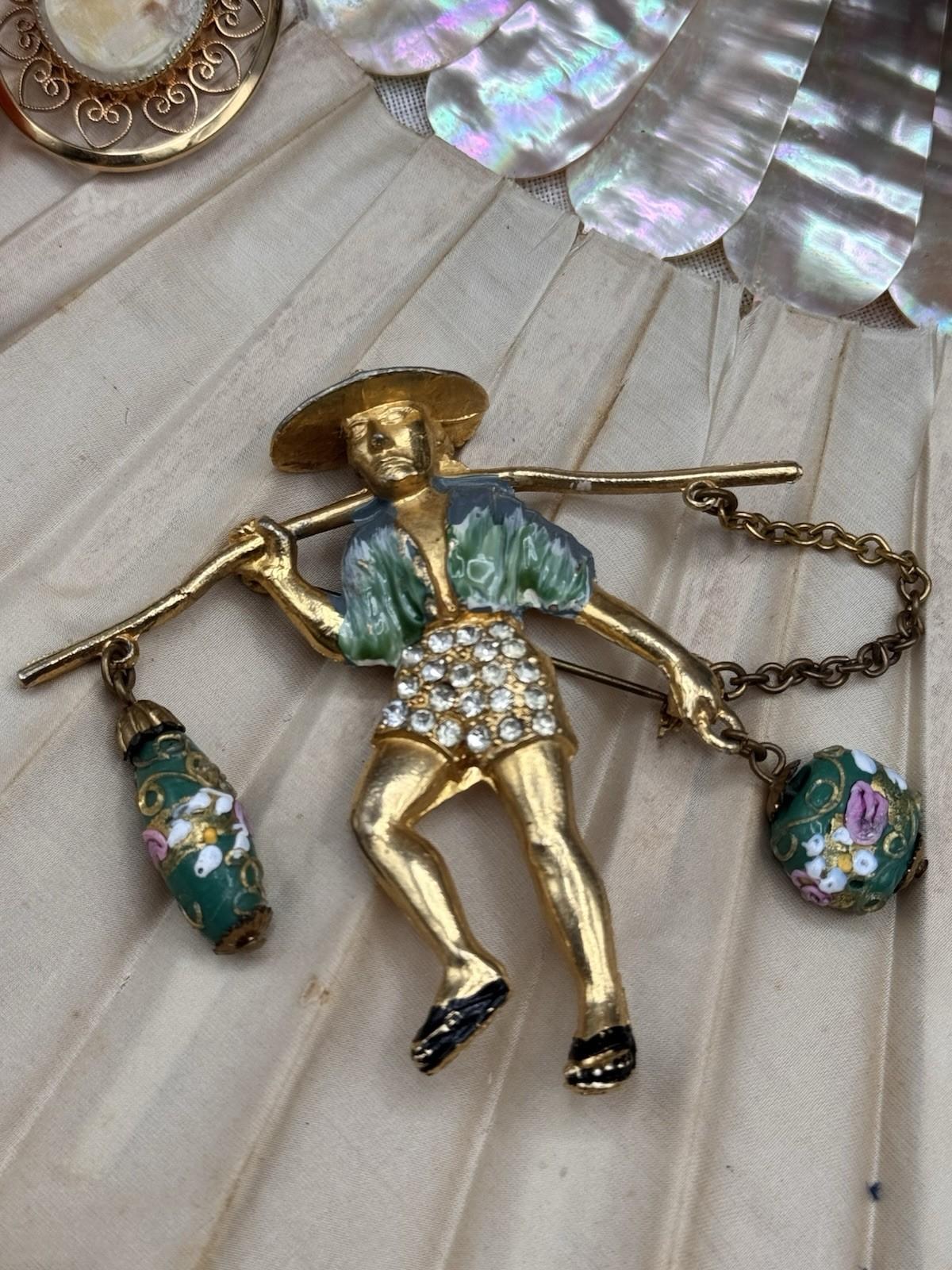 Goldtone Asian Water Boy Glass Dangle Beads Brooch Pin Unsigned