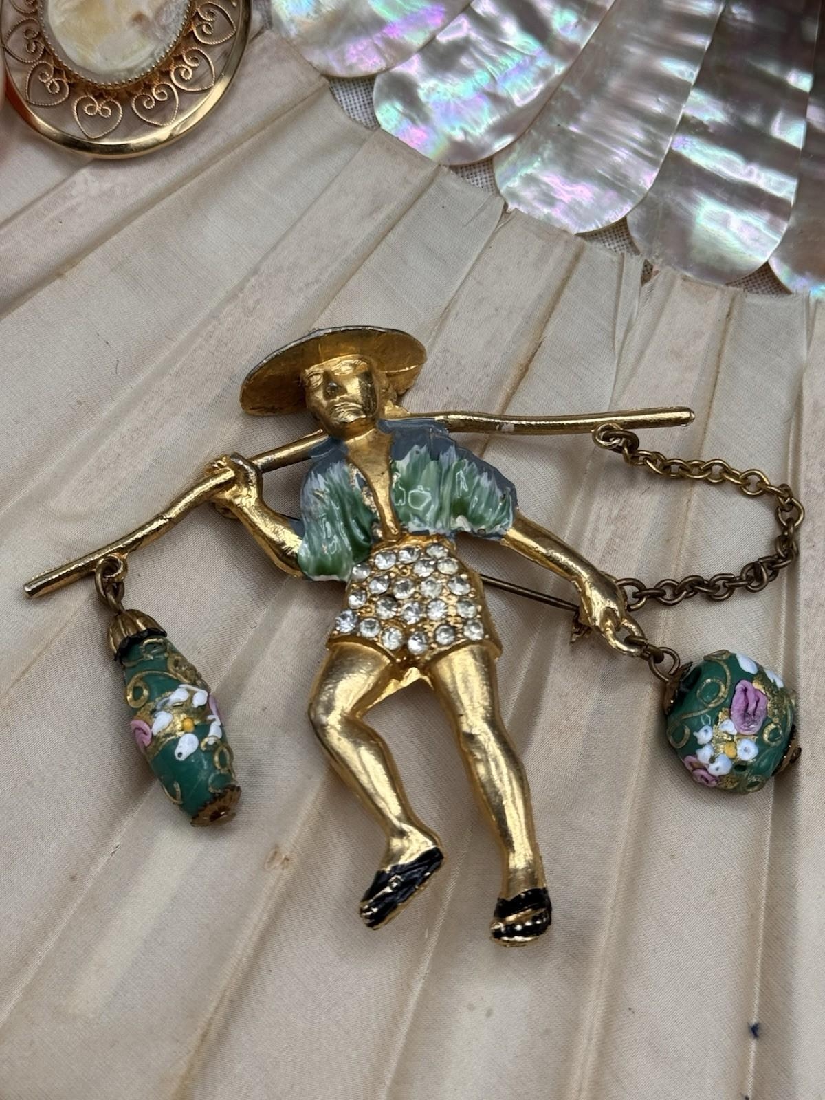 Goldtone Asian Water Boy Glass Dangle Beads Brooch Pin Unsigned