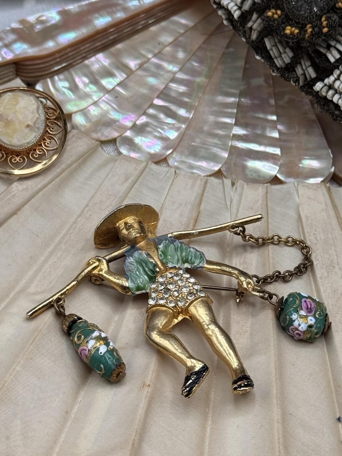Goldtone Asian Water Boy Glass Dangle Beads Brooch Pin Unsigned
