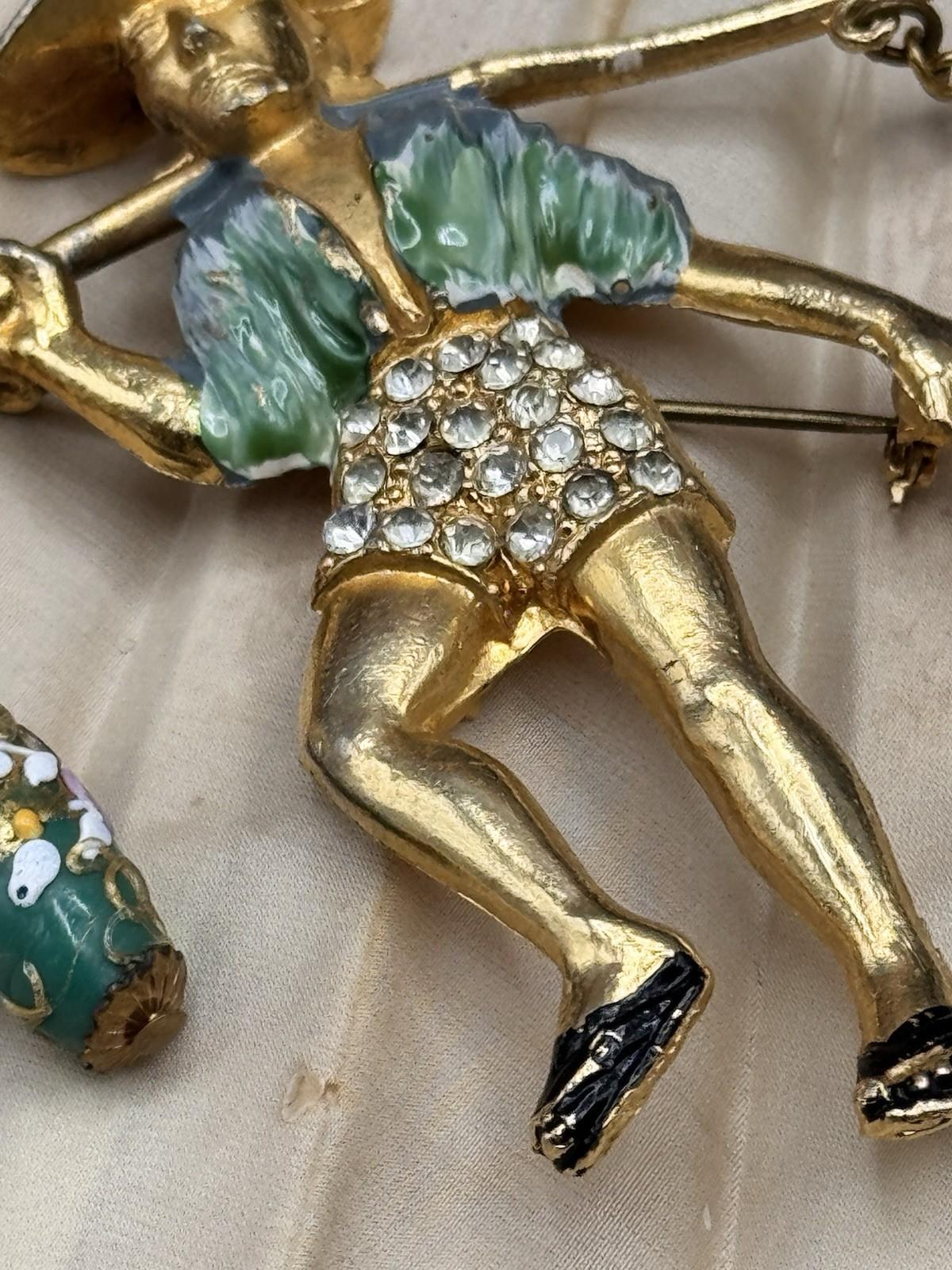 Goldtone Asian Water Boy Glass Dangle Beads Brooch Pin Unsigned