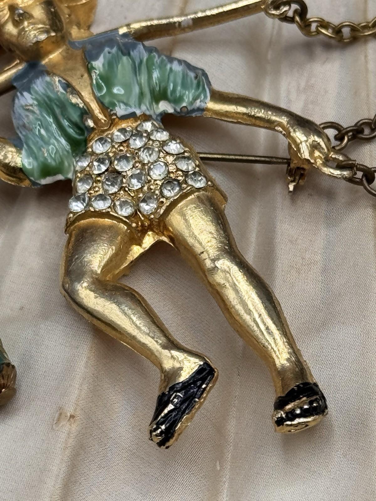 Goldtone Asian Water Boy Glass Dangle Beads Brooch Pin Unsigned