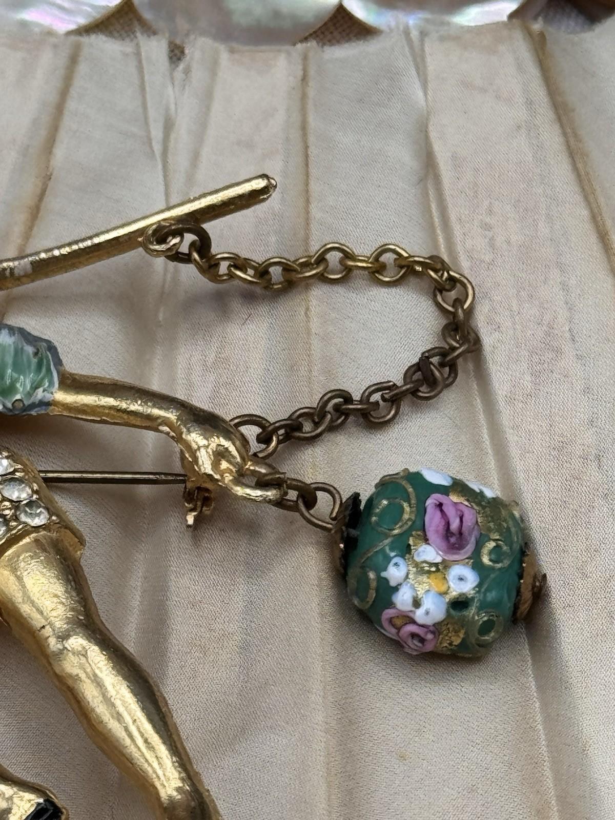 Goldtone Asian Water Boy Glass Dangle Beads Brooch Pin Unsigned