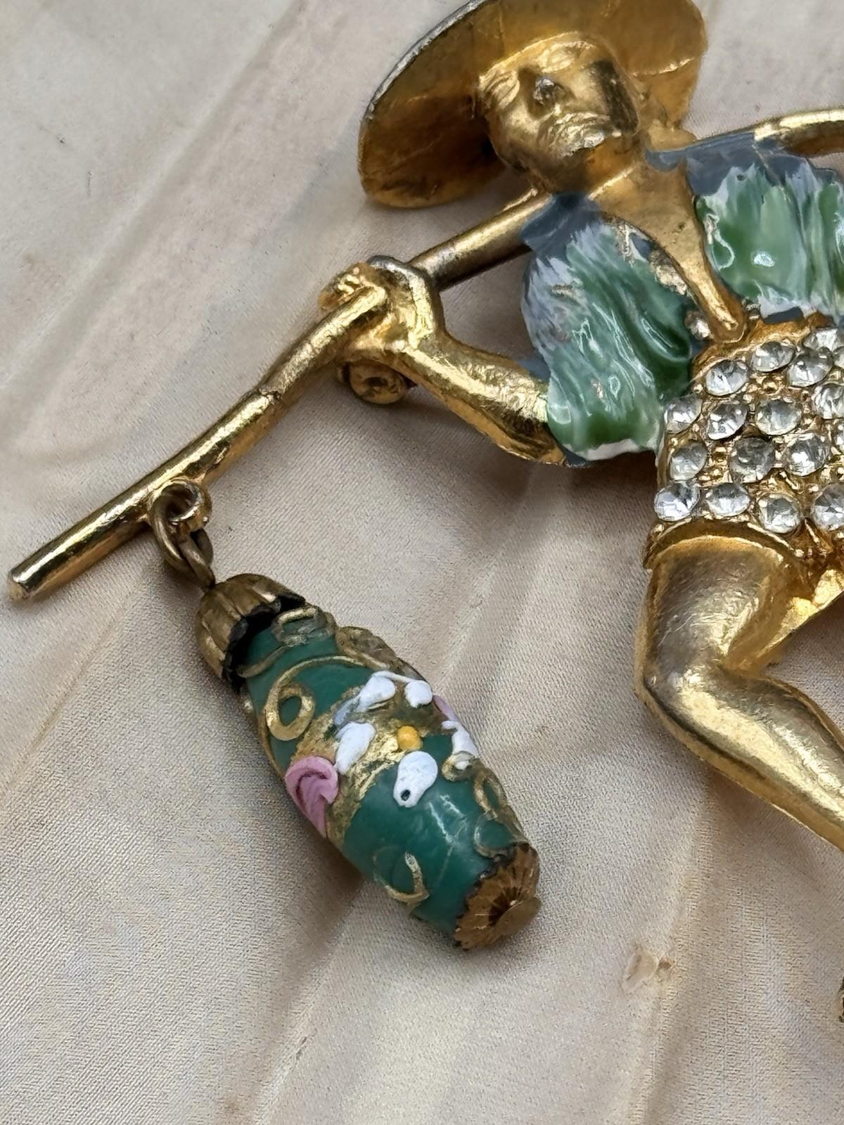 Goldtone Asian Water Boy Glass Dangle Beads Brooch Pin Unsigned