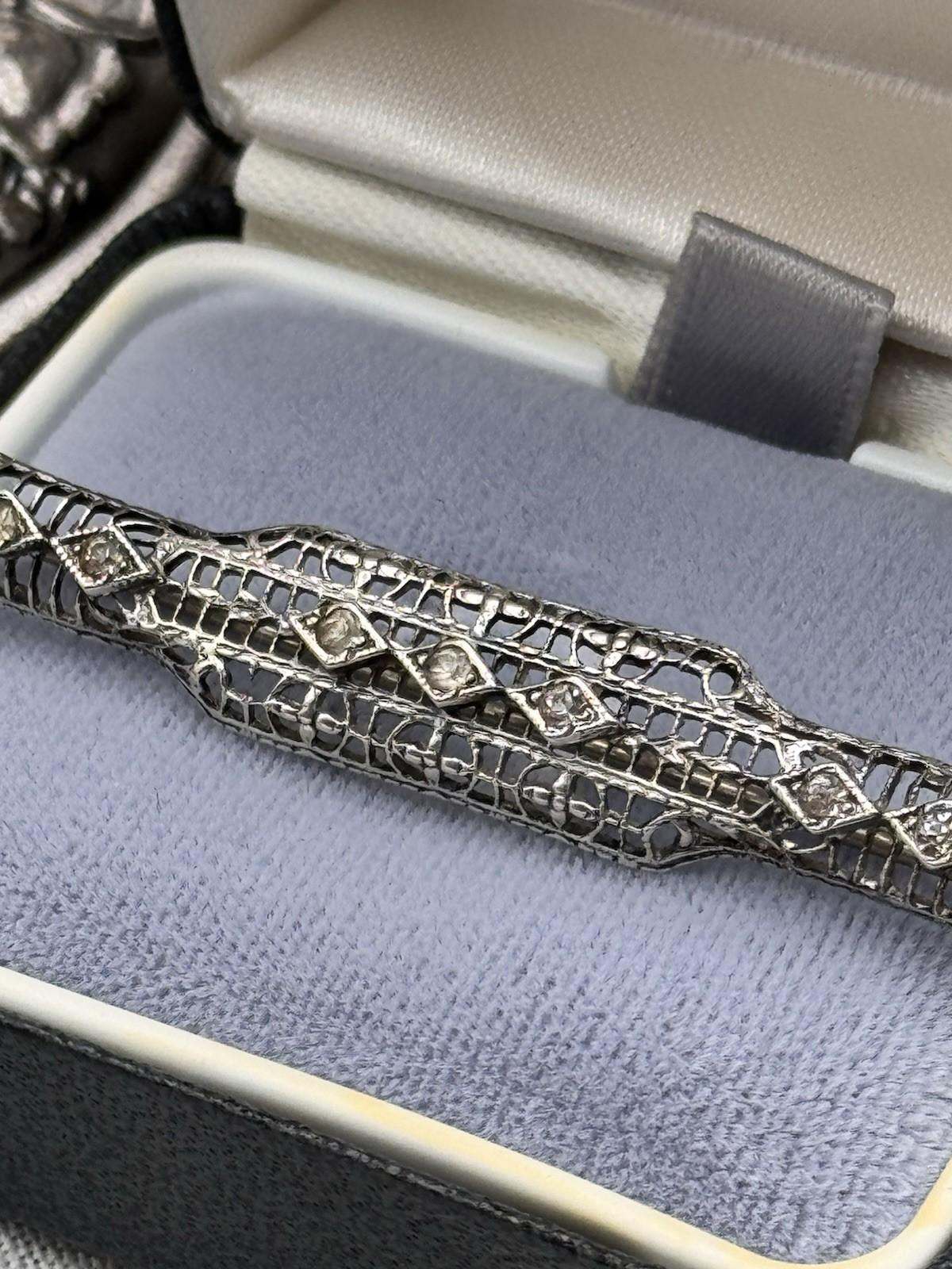 Art Deco Bar Pin Silvertone Openwork Rhinestone 2.25in Vintage