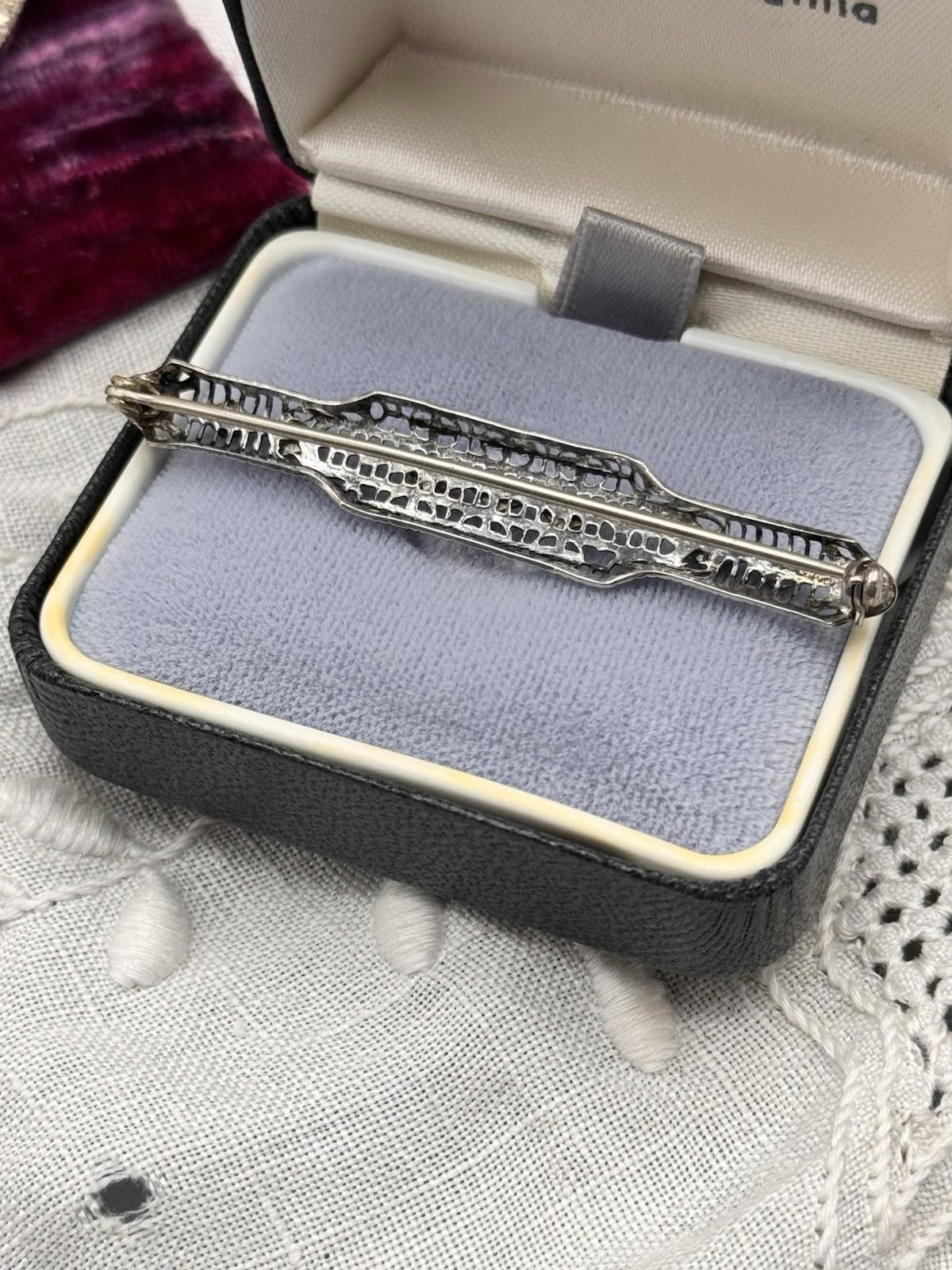 Art Deco Bar Pin Silvertone Openwork Rhinestone 2.25in Vintage