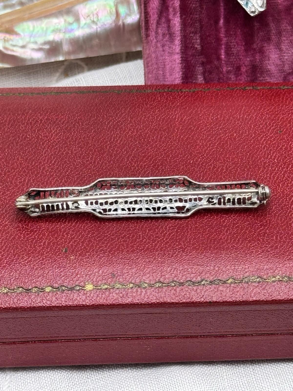 Art Deco Bar Pin Silvertone Openwork Rhinestone 2.25in Vintage