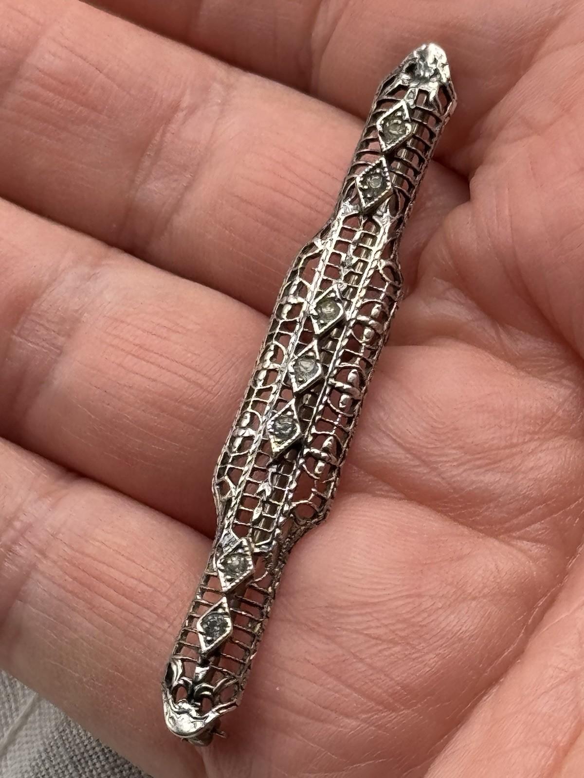 Art Deco Bar Pin Silvertone Openwork Rhinestone 2.25in Vintage