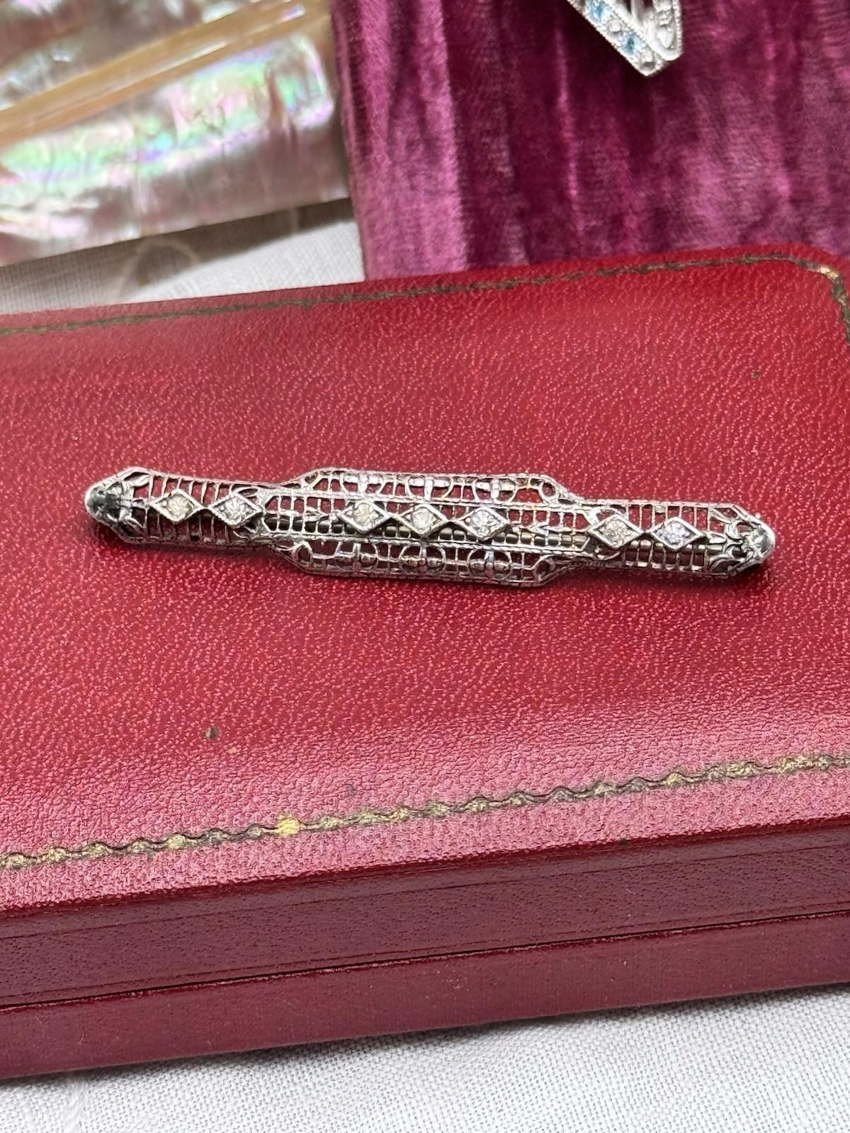 Art Deco Bar Pin Silvertone Openwork Rhinestone 2.25in Vintage