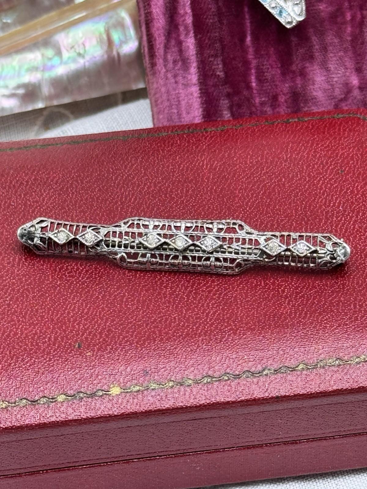 Art Deco Bar Pin Silvertone Openwork Rhinestone 2.25in Vintage