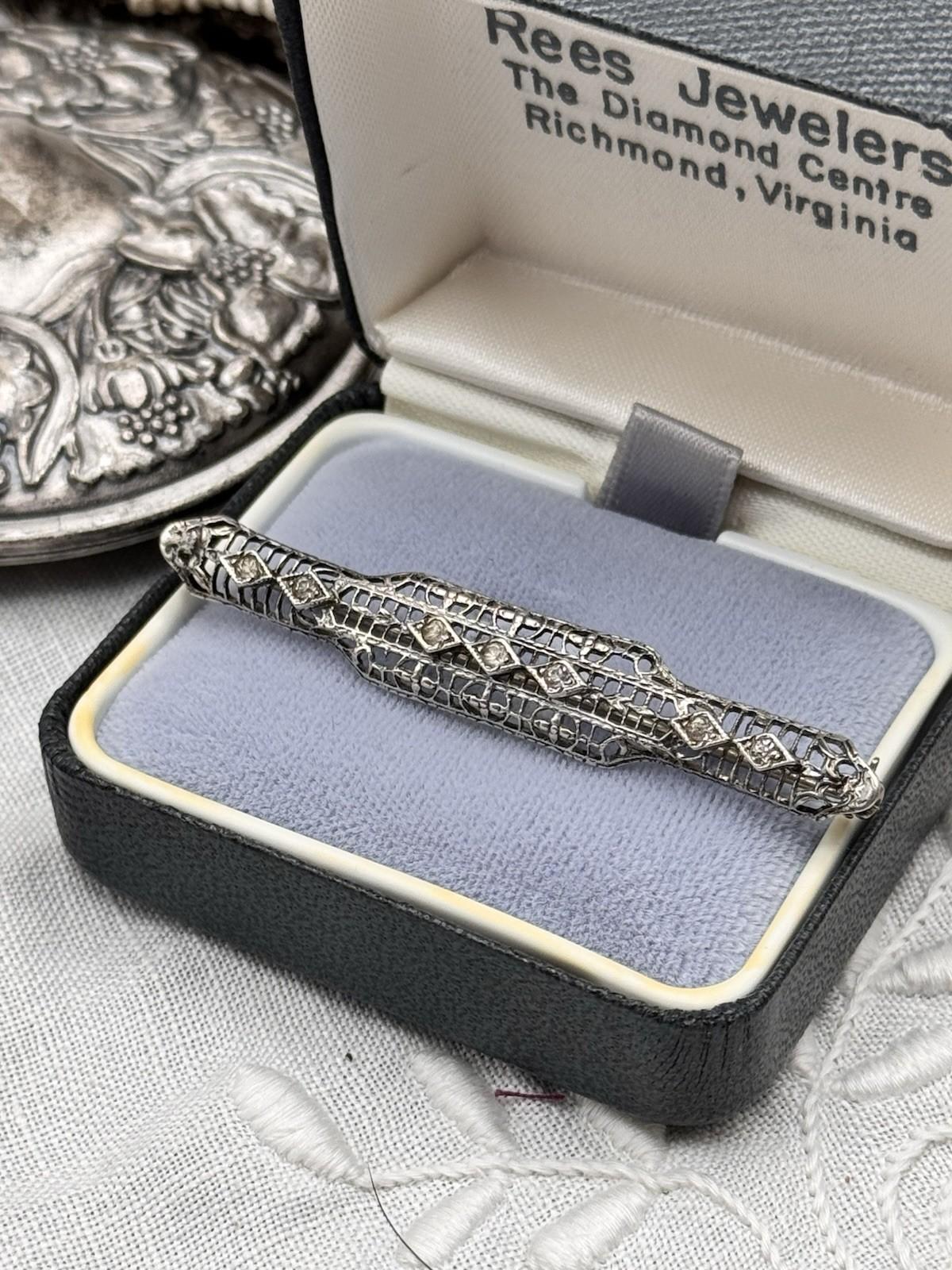 Art Deco Bar Pin Silvertone Openwork Rhinestone 2.25in Vintage