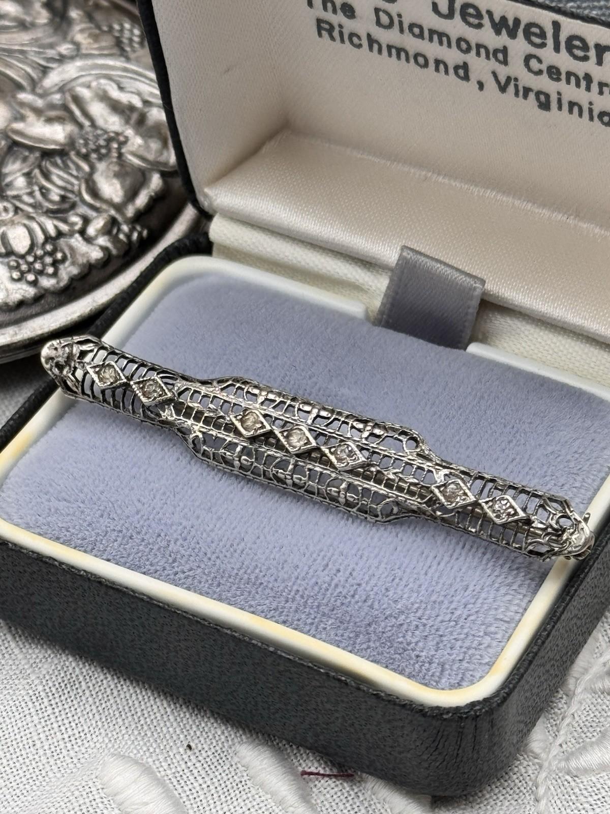 Art Deco Bar Pin Silvertone Openwork Rhinestone 2.25in Vintage