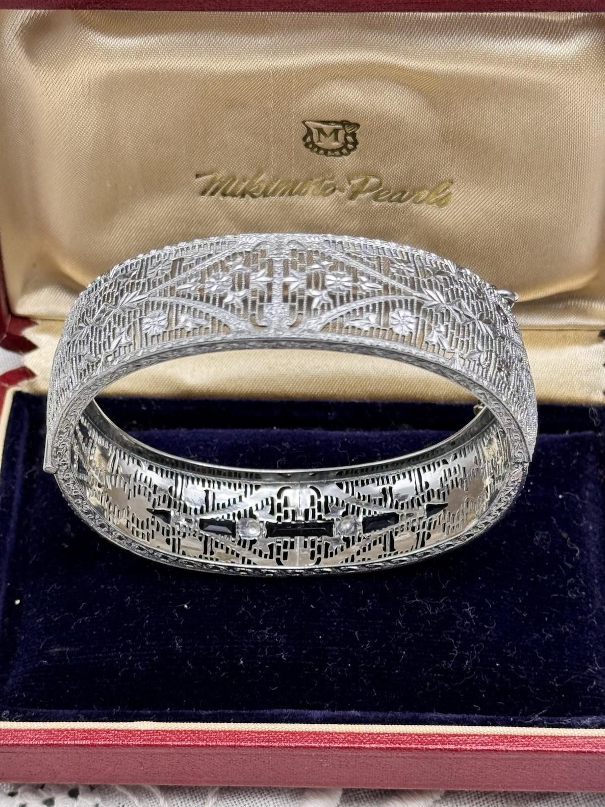 Vintage Art Deco Silvertone Hinged Bangle Bracelet 6.25 in Safety