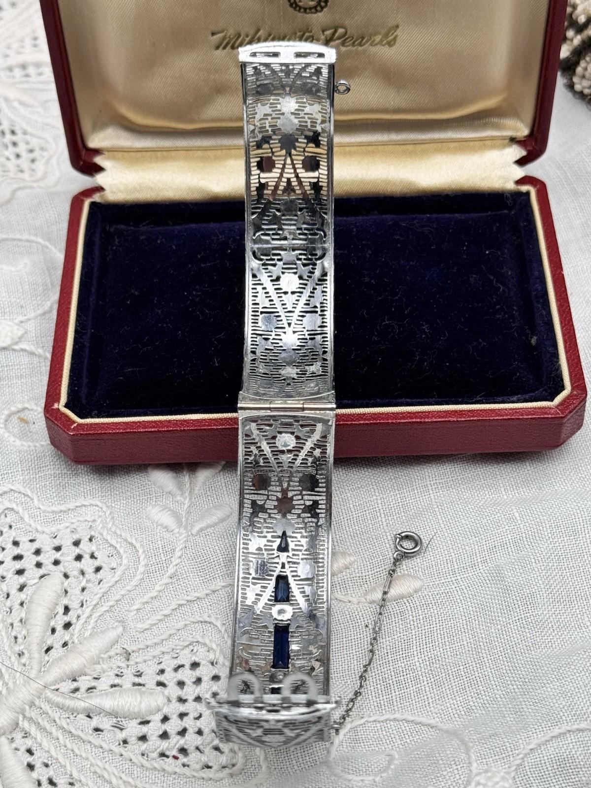 Vintage Art Deco Silvertone Hinged Bangle Bracelet 6.25 in Safety