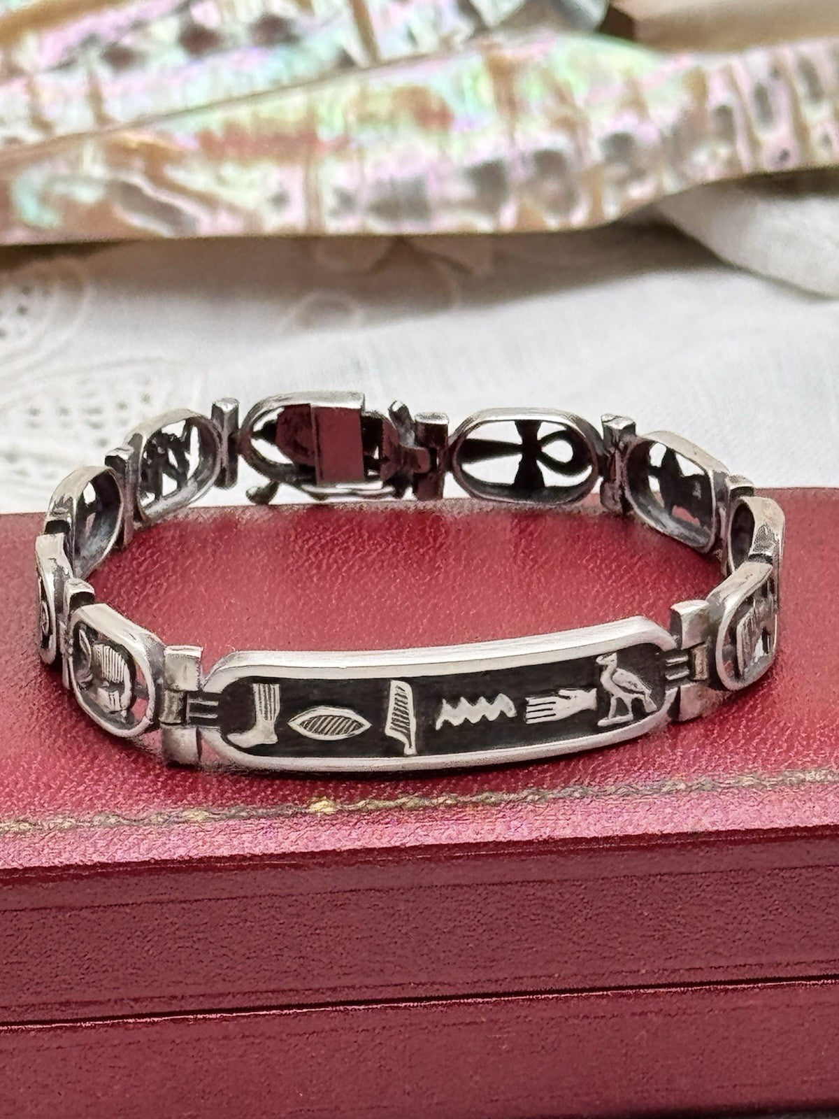 Vintage Egyptian Cartouche Bracelet 7 in Silver Tone Panel Link 0.4 in Wide