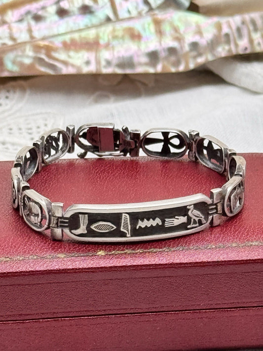 Vintage Egyptian Cartouche Bracelet 7 in Silver Tone Panel Link 0.4 in Wide