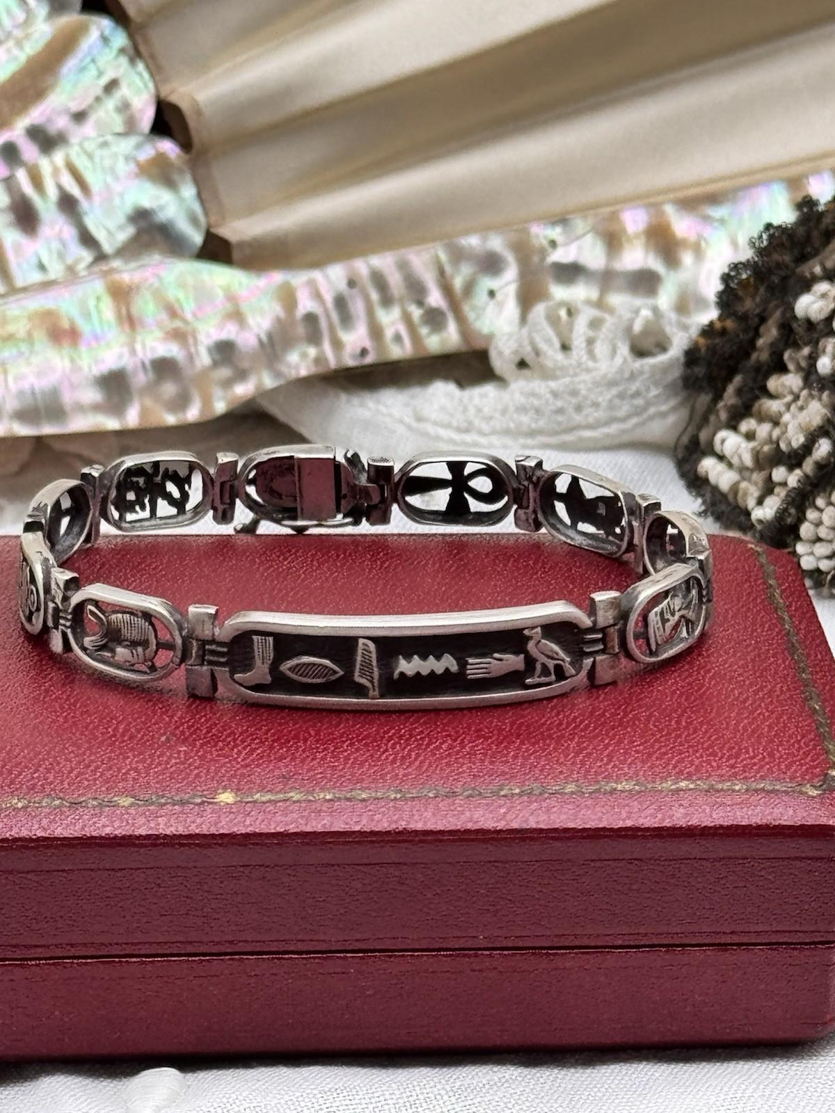 Vintage Egyptian Cartouche Bracelet 7 in Silver Tone Panel Link 0.4 in Wide