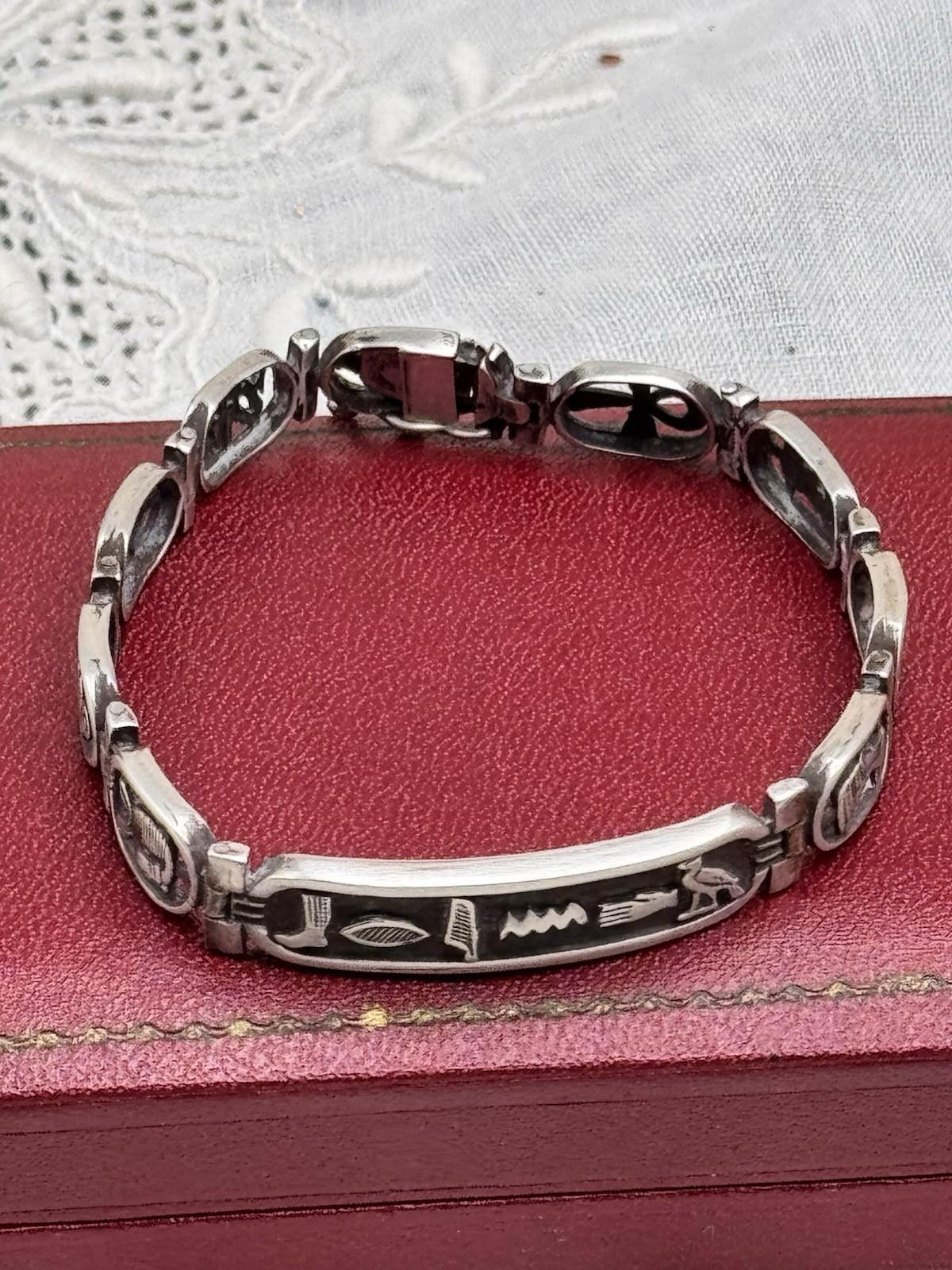 Vintage Egyptian Cartouche Bracelet 7 in Silver Tone Panel Link 0.4 in Wide