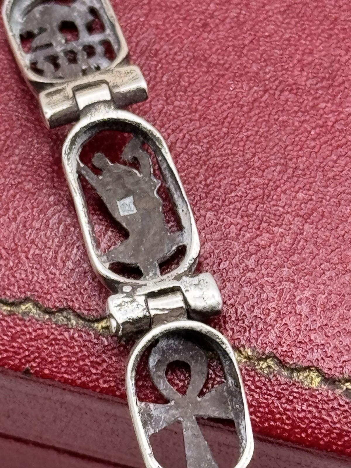 Vintage Egyptian Cartouche Bracelet 7 in Silver Tone Panel Link 0.4 in Wide