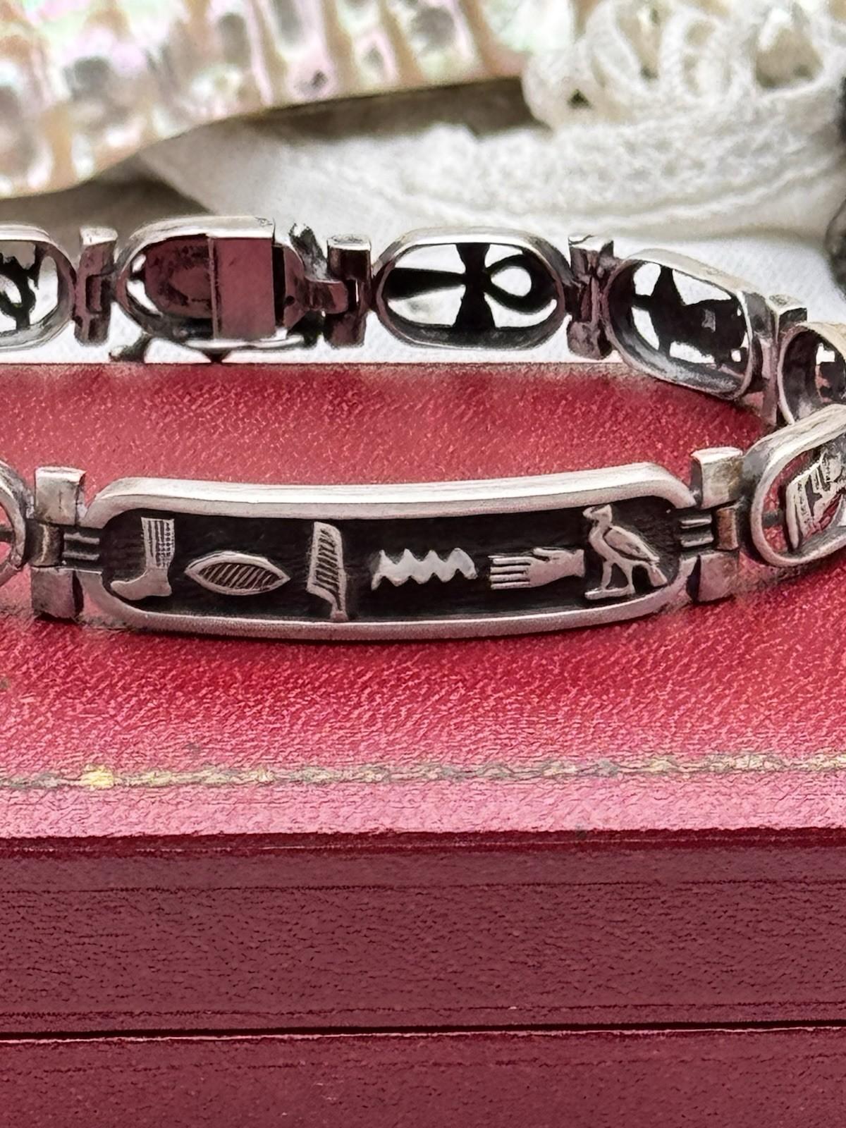 Vintage Egyptian Cartouche Bracelet 7 in Silver Tone Panel Link 0.4 in Wide