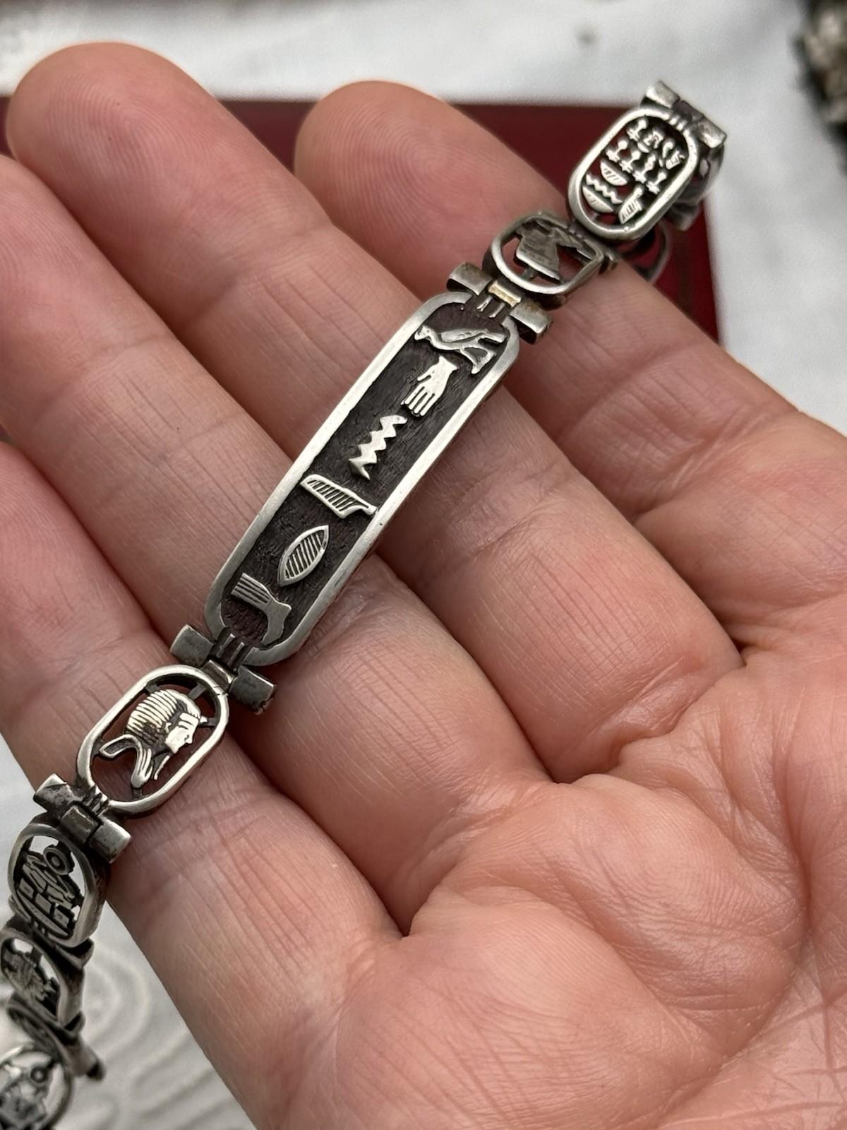 Vintage Egyptian Cartouche Bracelet 7 in Silver Tone Panel Link 0.4 in Wide