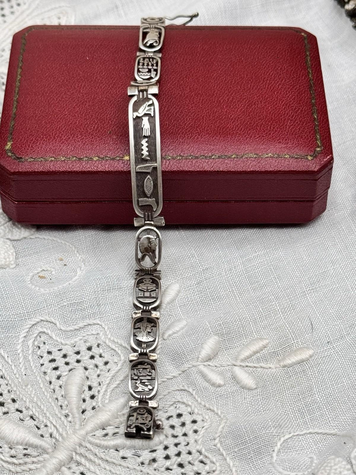 Vintage Egyptian Cartouche Bracelet 7 in Silver Tone Panel Link 0.4 in Wide