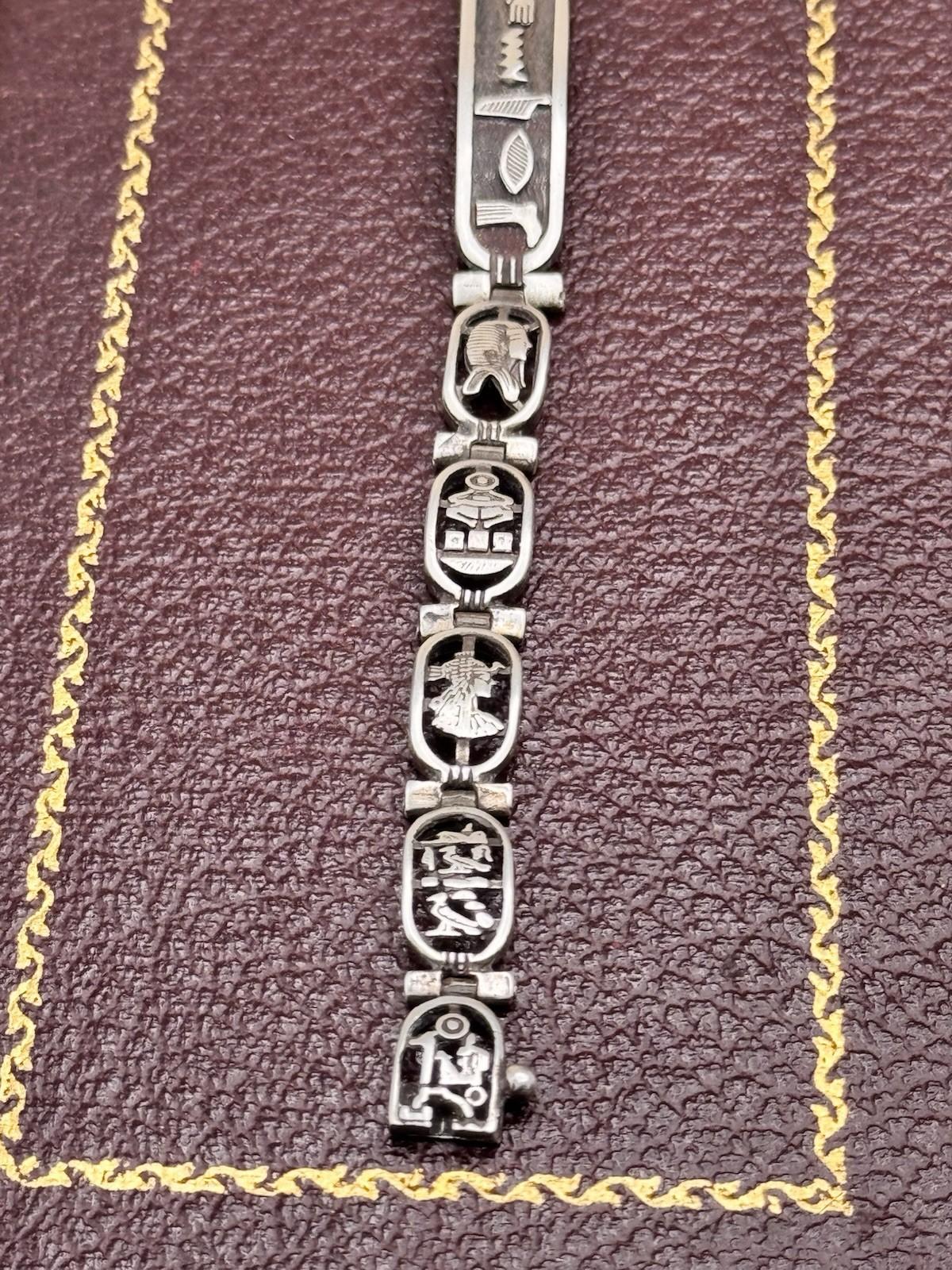 Vintage Egyptian Cartouche Bracelet 7 in Silver Tone Panel Link 0.4 in Wide