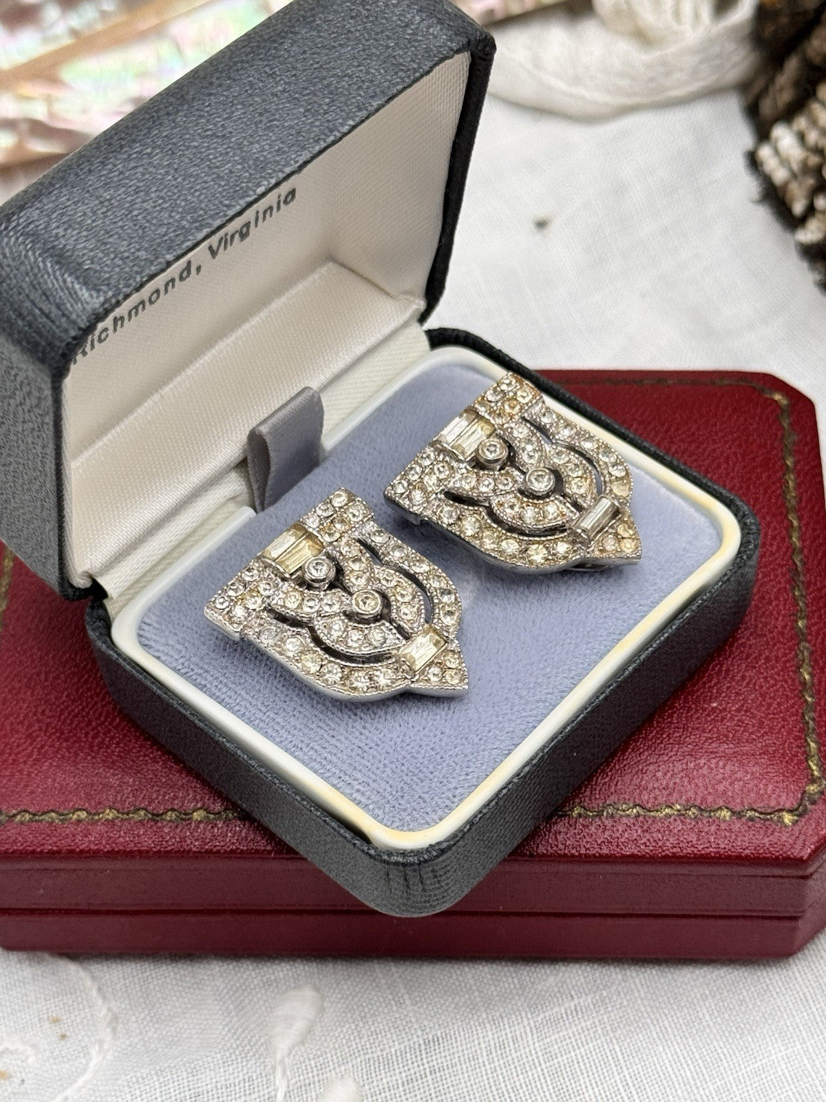 Vintage Art Deco Dress Shoe Clips Silvertone Rhinestone 1.1”