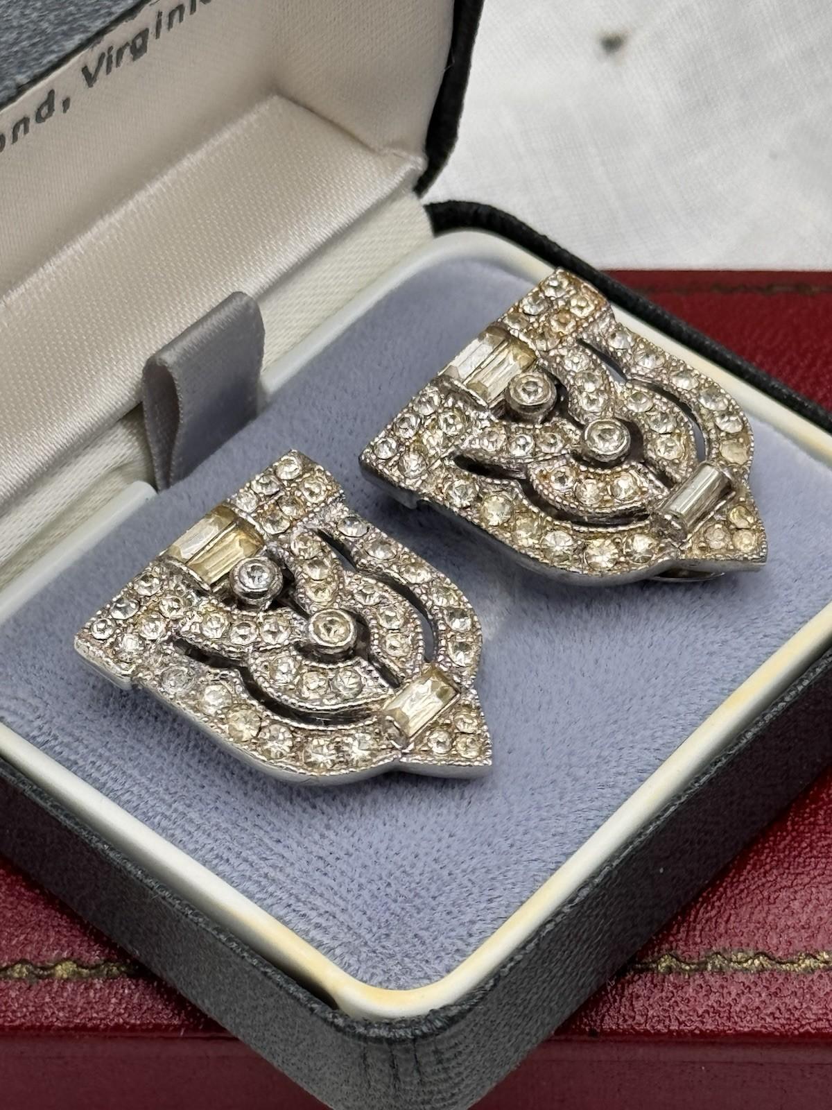 Vintage Art Deco Dress Shoe Clips Silvertone Rhinestone 1.1”