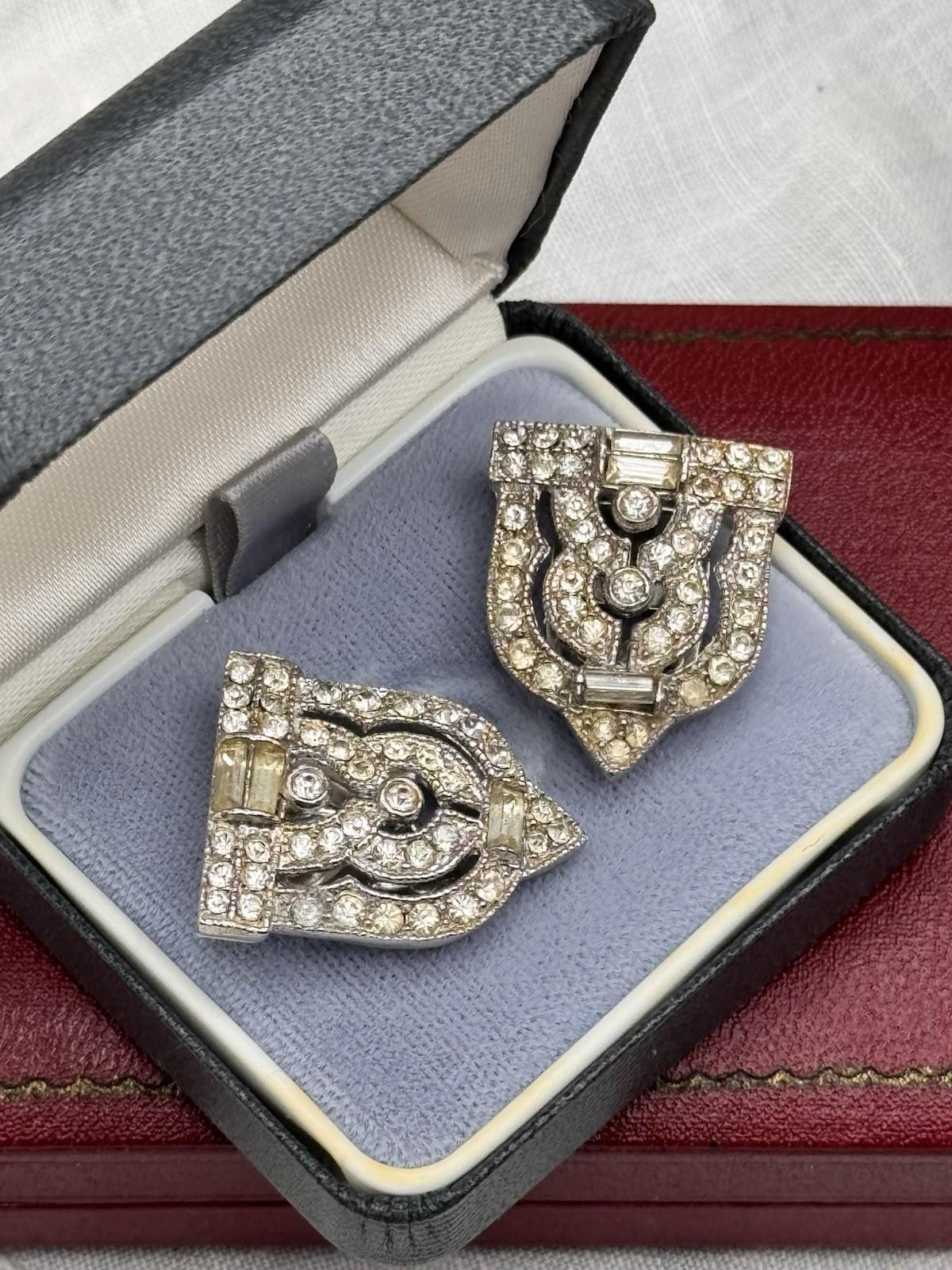 Vintage Art Deco Dress Shoe Clips Silvertone Rhinestone 1.1”