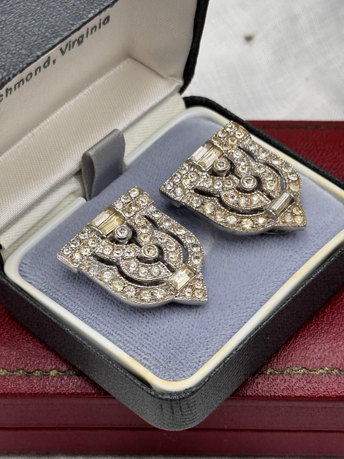 Vintage Art Deco Dress Shoe Clips Silvertone Rhinestone 1.1”