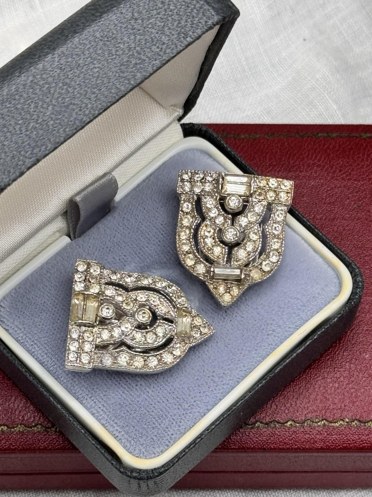 Vintage Art Deco Dress Shoe Clips Silvertone Rhinestone 1.1”