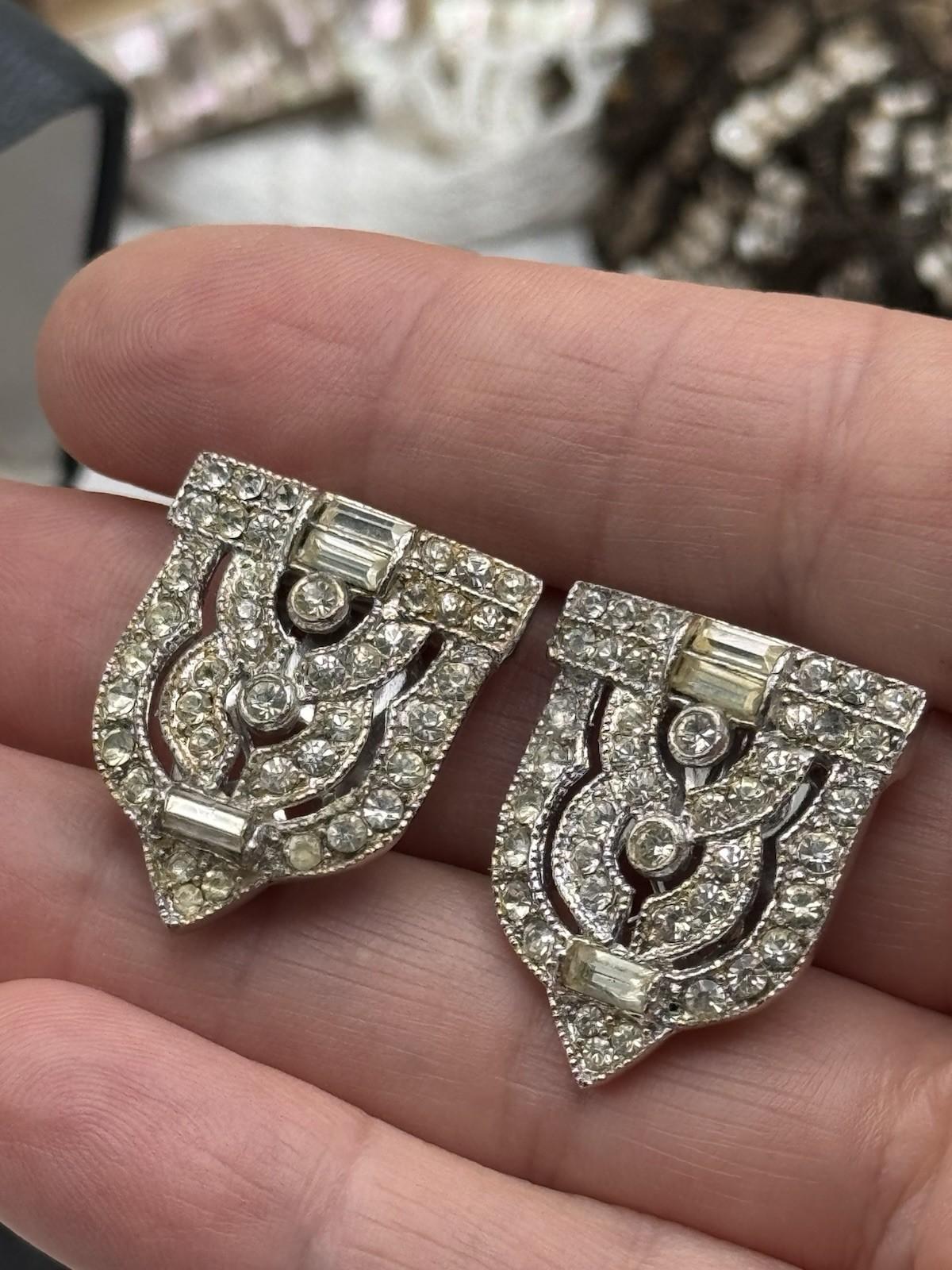 Vintage Art Deco Dress Shoe Clips Silvertone Rhinestone 1.1”