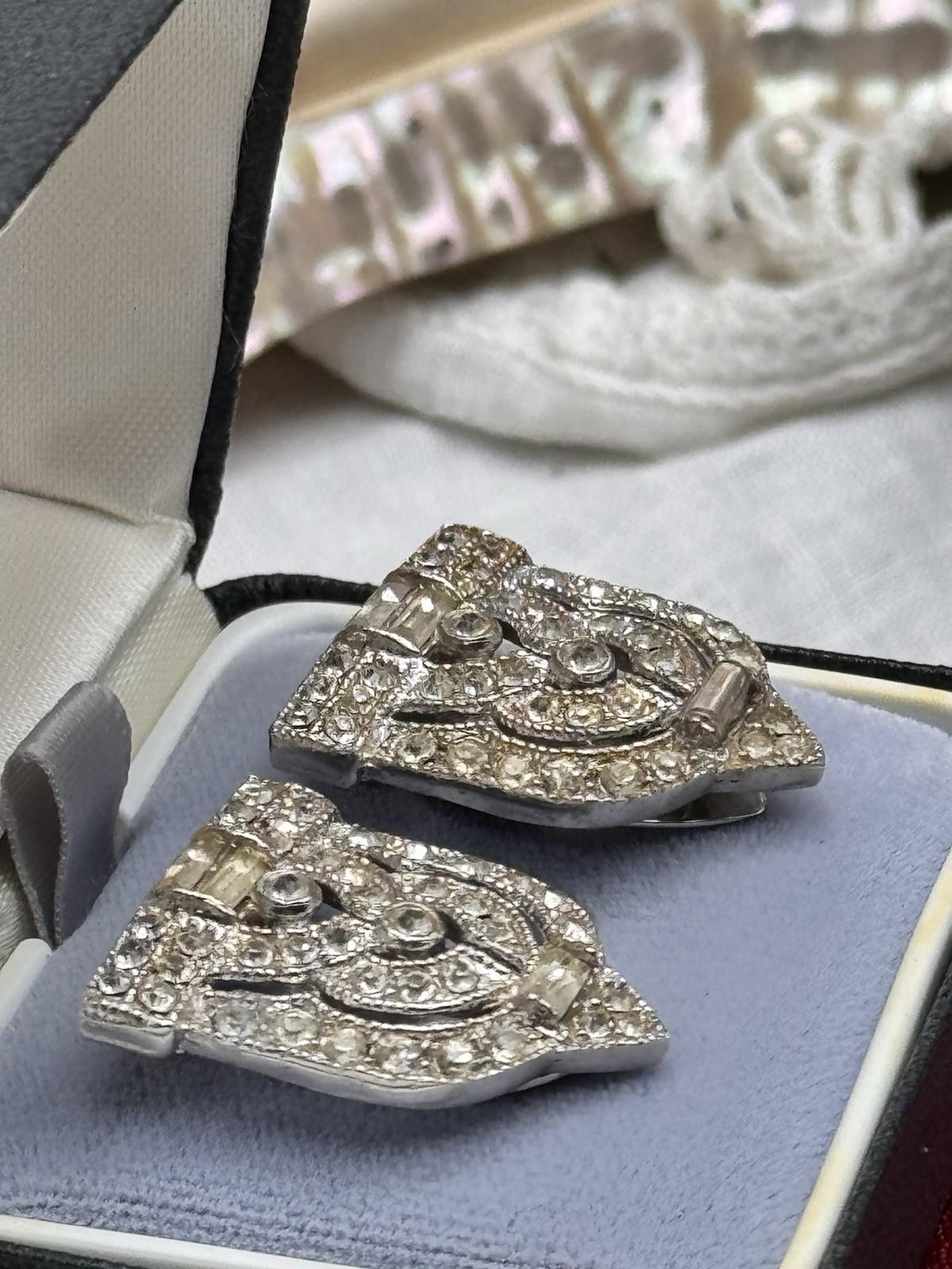 Vintage Art Deco Dress Shoe Clips Silvertone Rhinestone 1.1”