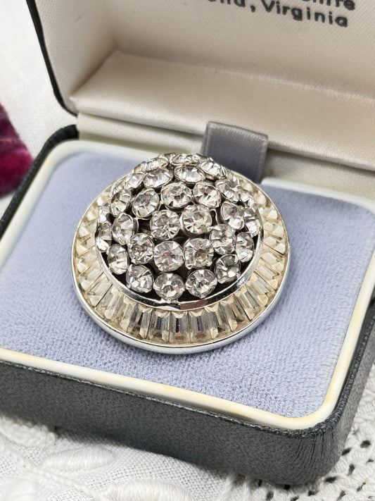SIGNED Kramer Brooch Pin Silvertone Rhinestone Baguette Halo Vintage 1.25”d