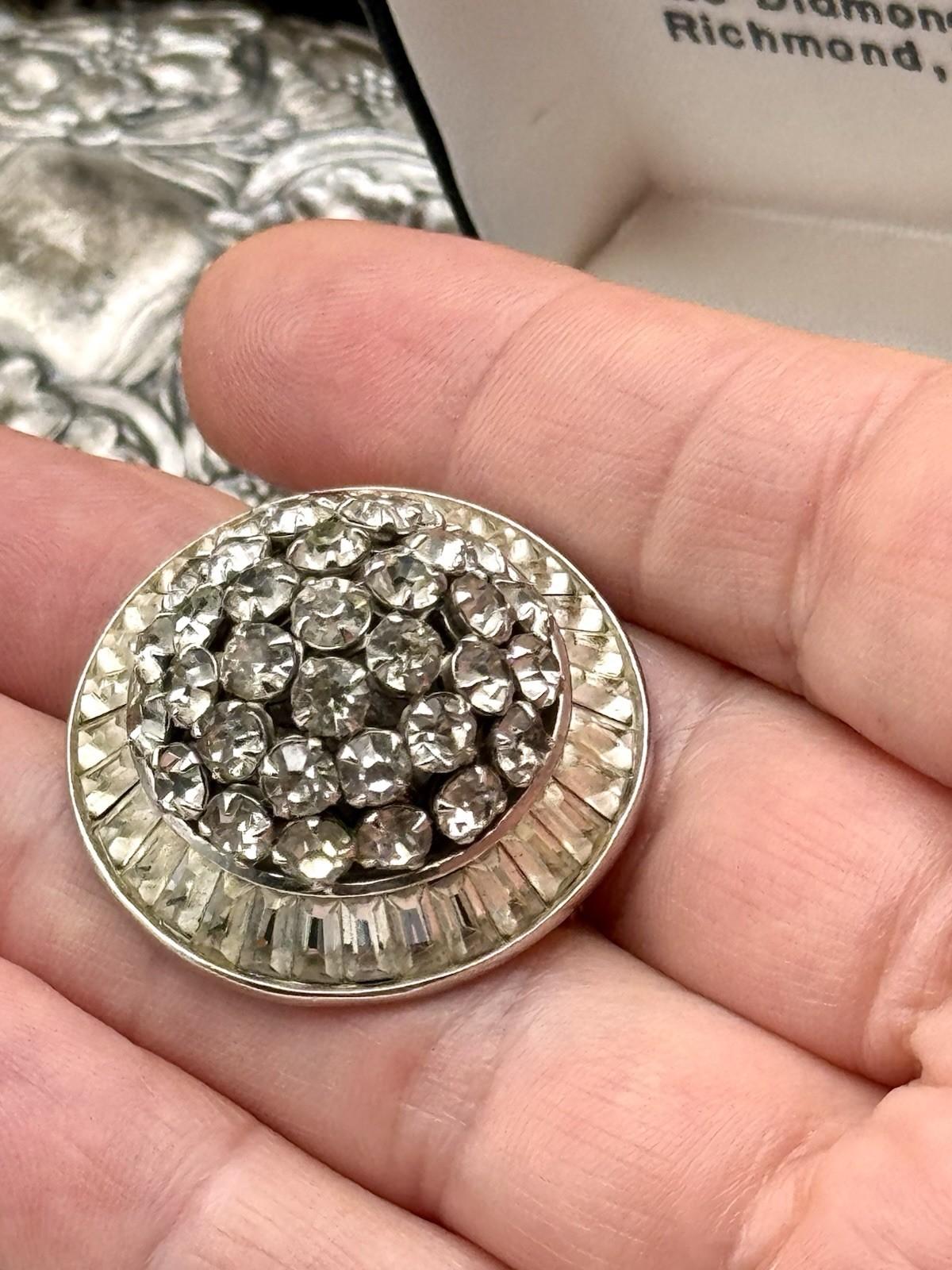 SIGNED Kramer Brooch Pin Silvertone Rhinestone Baguette Halo Vintage 1.25”d