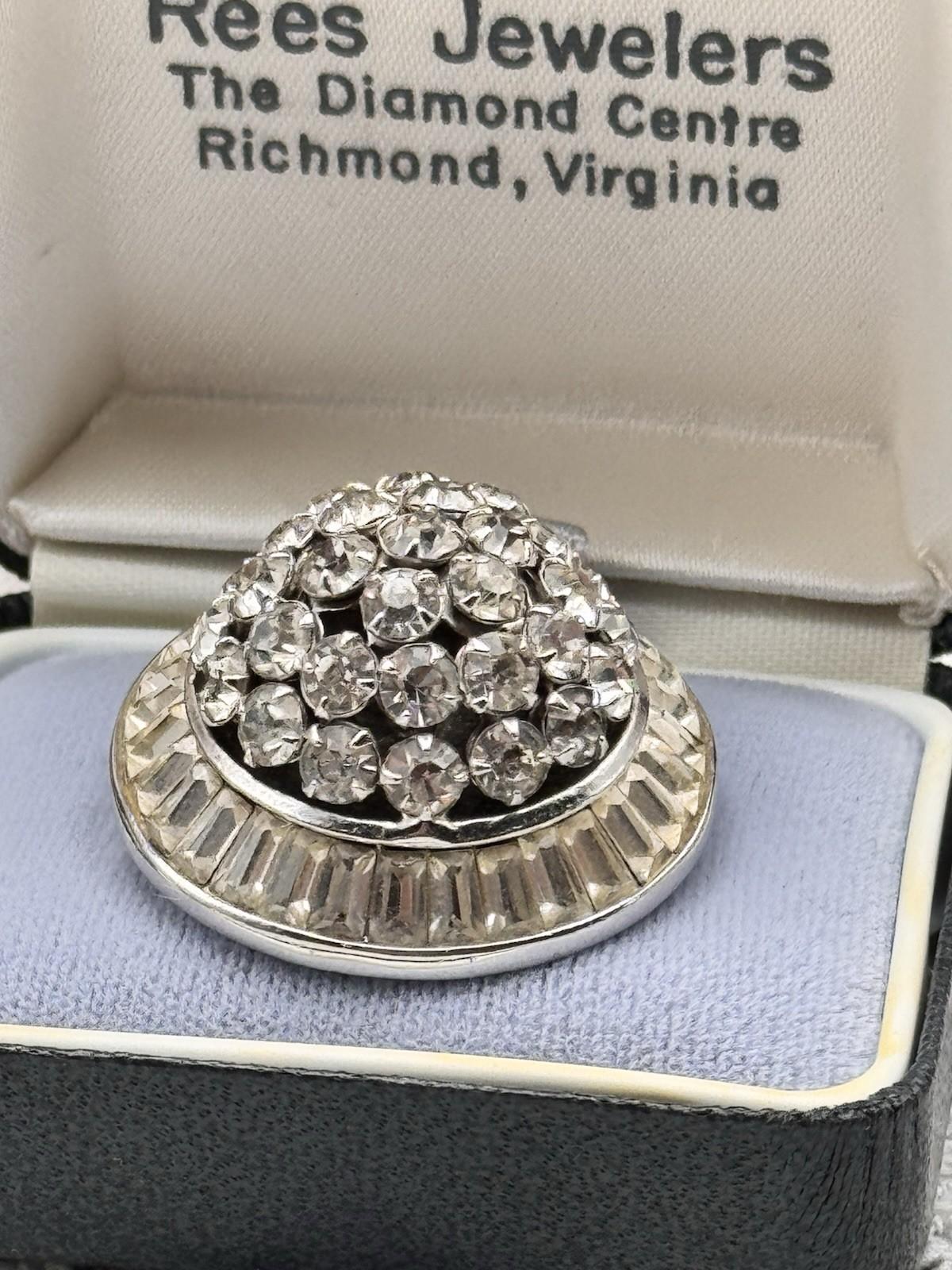 SIGNED Kramer Brooch Pin Silvertone Rhinestone Baguette Halo Vintage 1.25”d