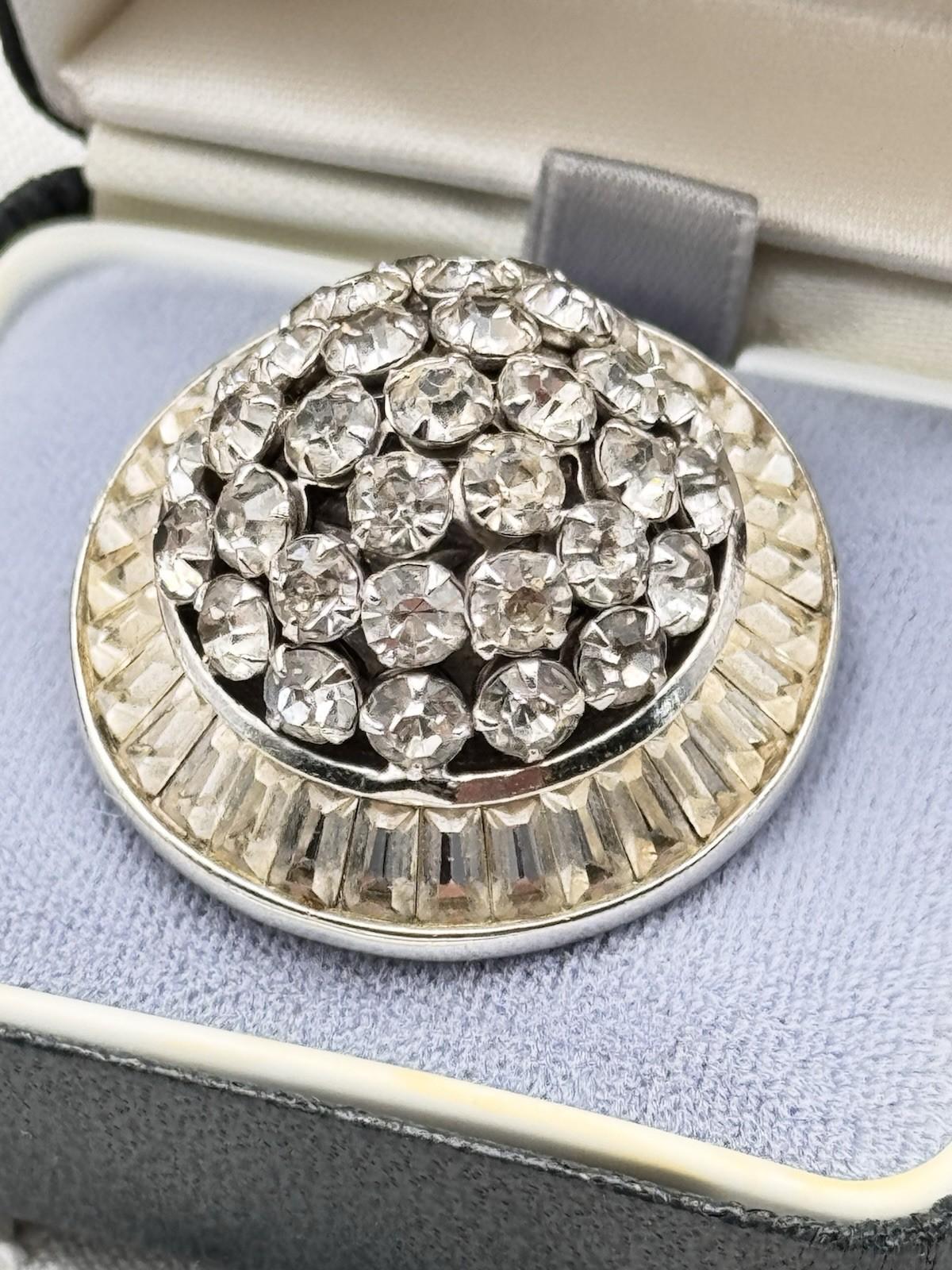 SIGNED Kramer Brooch Pin Silvertone Rhinestone Baguette Halo Vintage 1.25”d