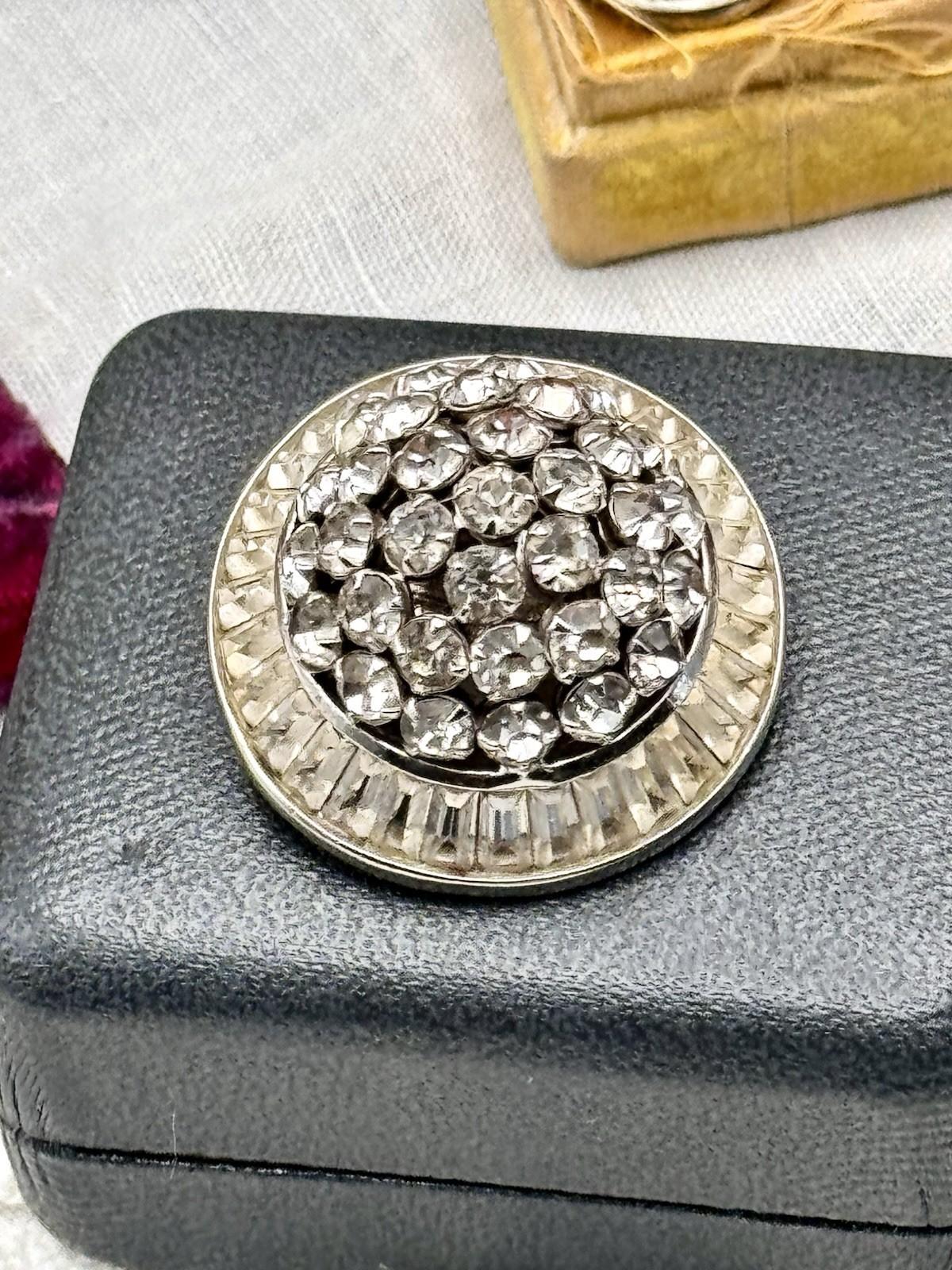 SIGNED Kramer Brooch Pin Silvertone Rhinestone Baguette Halo Vintage 1.25”d