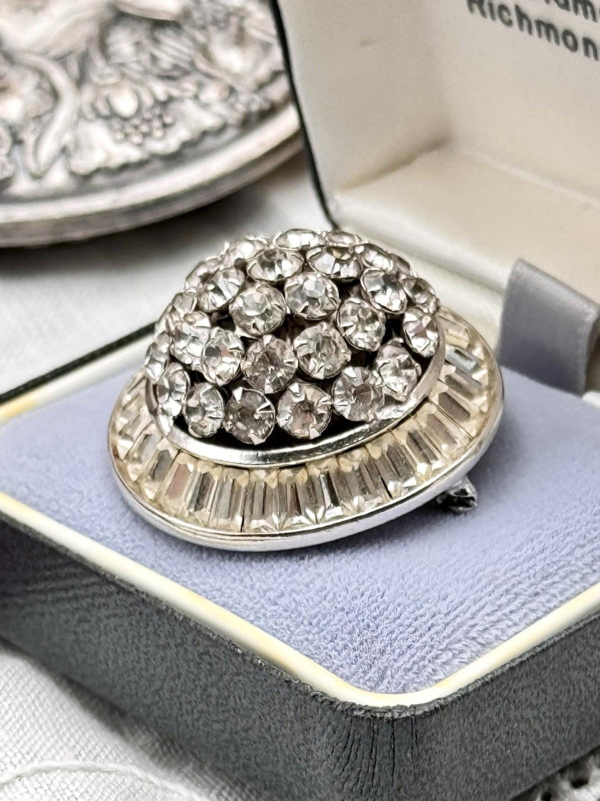 SIGNED Kramer Brooch Pin Silvertone Rhinestone Baguette Halo Vintage 1.25”d