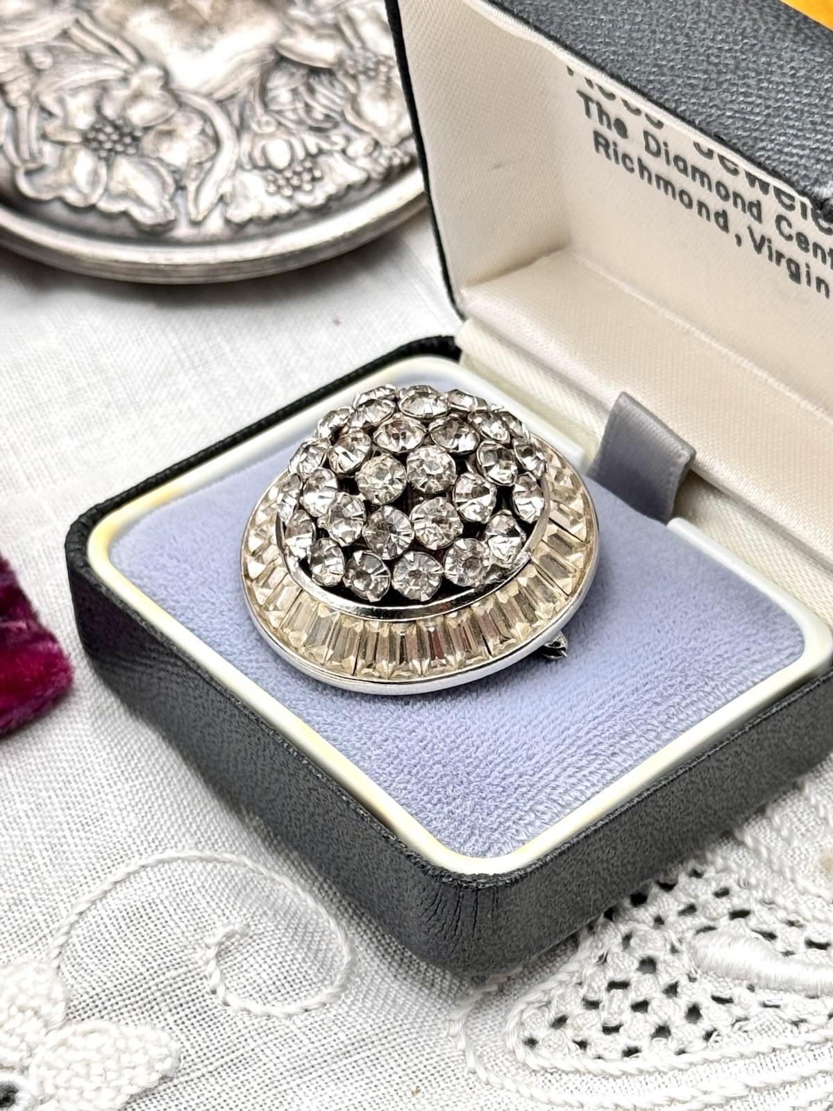 SIGNED Kramer Brooch Pin Silvertone Rhinestone Baguette Halo Vintage 1.25”d