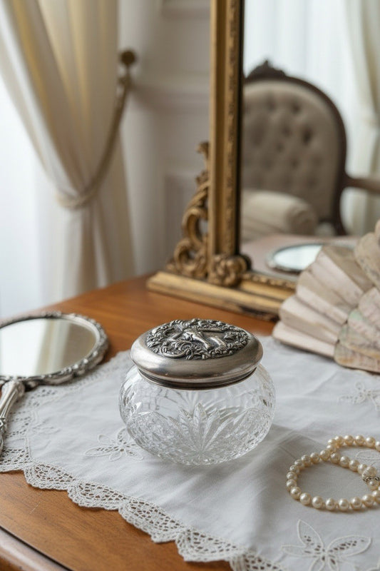 Sterling Cherub Dresser Jar Cut Crystal Vanity Box 4 In Art Nouveau