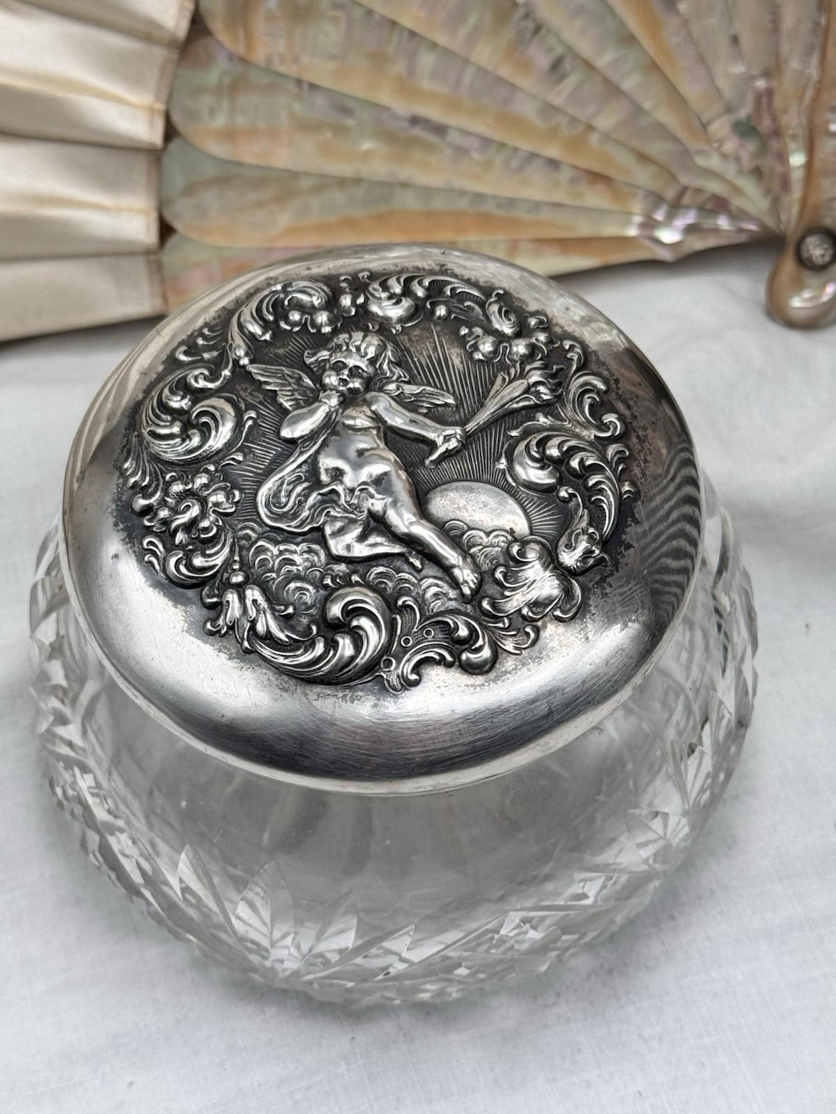 Sterling Cherub Dresser Jar Cut Crystal Vanity Box 4 In Art Nouveau