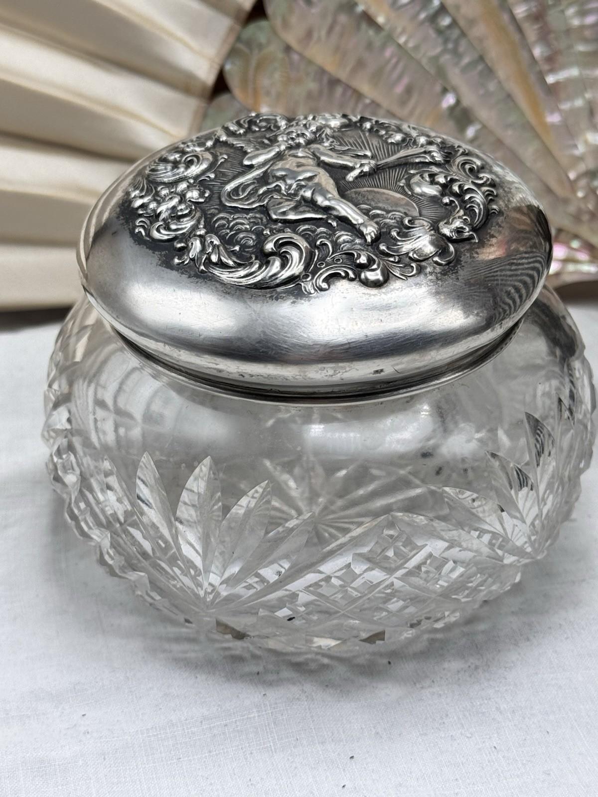Sterling Cherub Dresser Jar Cut Crystal Vanity Box 4 In Art Nouveau