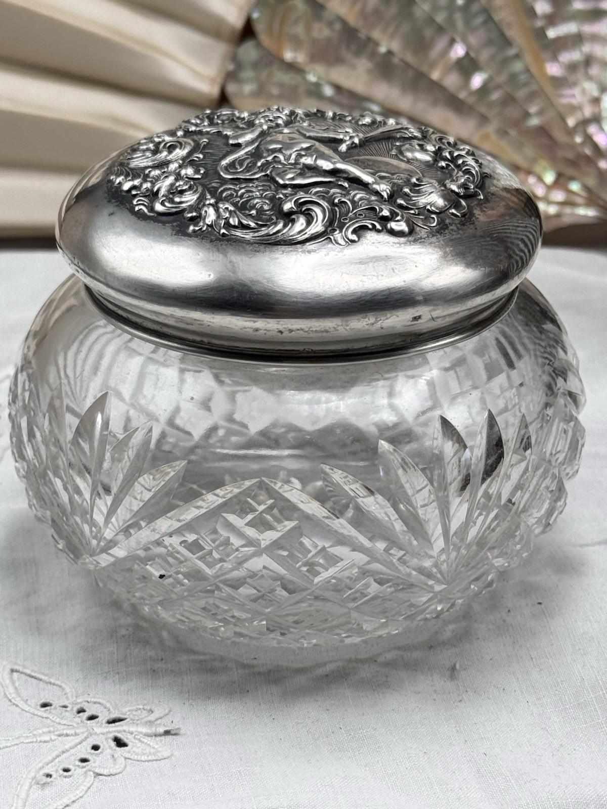Sterling Cherub Dresser Jar Cut Crystal Vanity Box 4 In Art Nouveau
