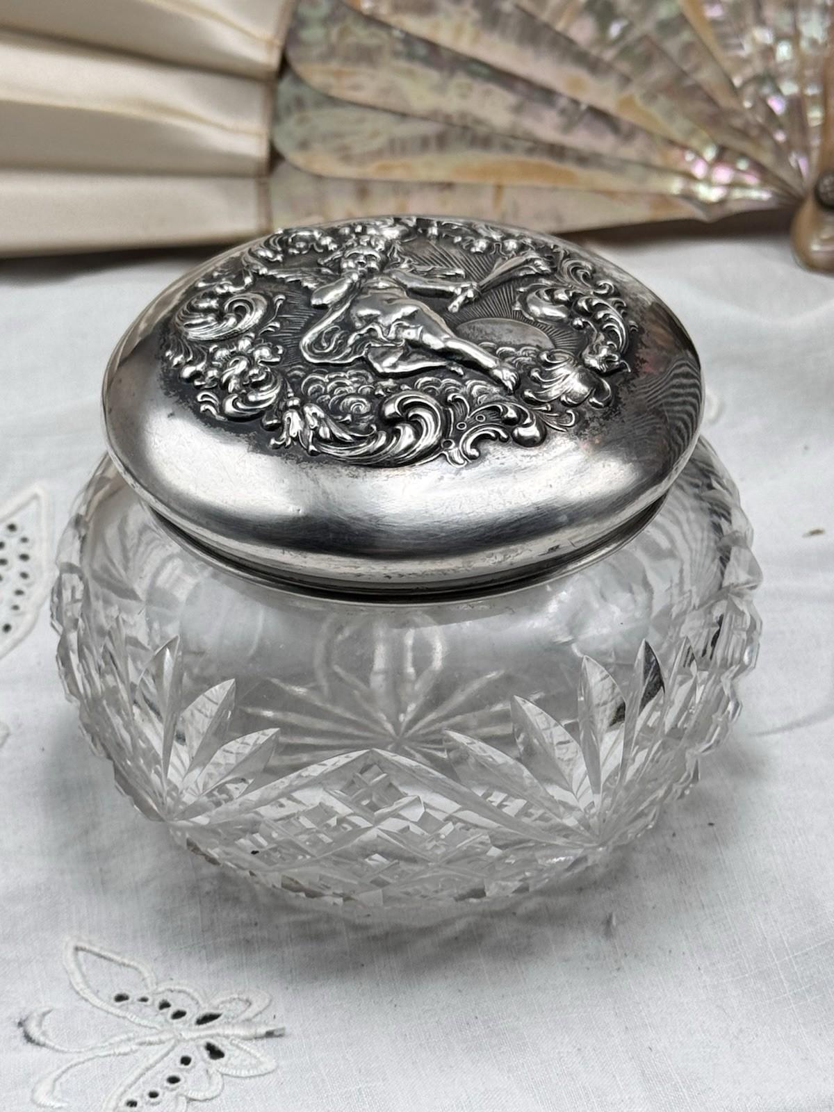 Sterling Cherub Dresser Jar Cut Crystal Vanity Box 4 In Art Nouveau