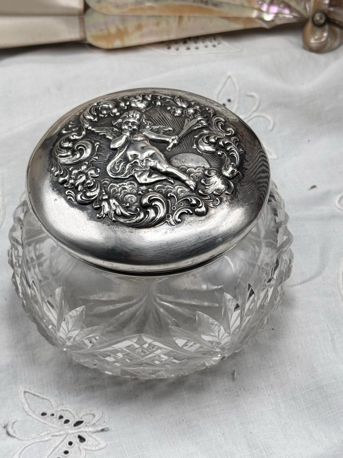 Sterling Cherub Dresser Jar Cut Crystal Vanity Box 4 In Art Nouveau